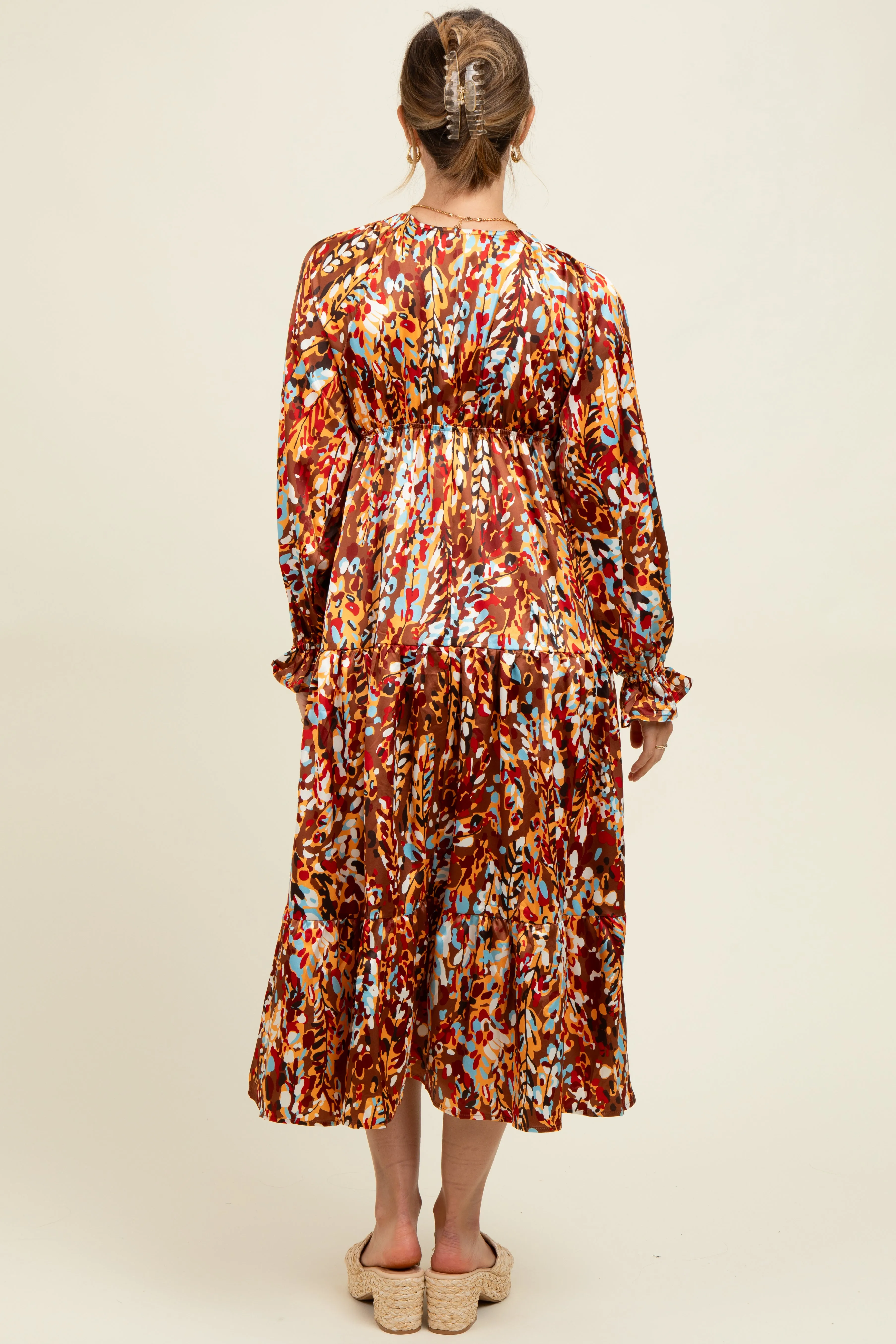 Mocha Multi Color Satin V-Neck Long Sleeve Maternity Maxi Dress sold by Pinkblush product image thumbnail 3