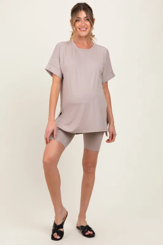 Beige Hi-Low Short Sleeve Tee Biker Short Maternity Set sold by Pinkblush