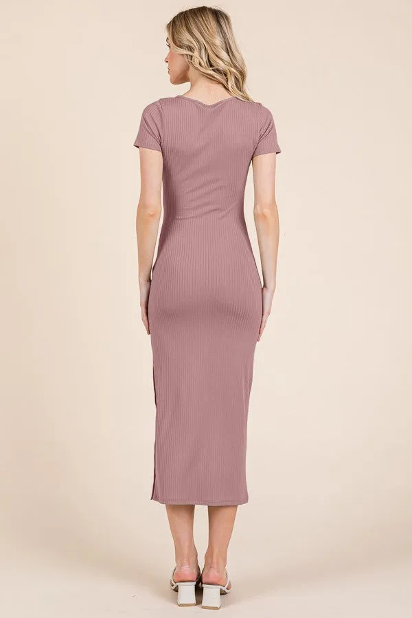 Mauve Short Sleeve Side Button Ribbed Midi Dress sold by Pinkblush product image thumbnail 3