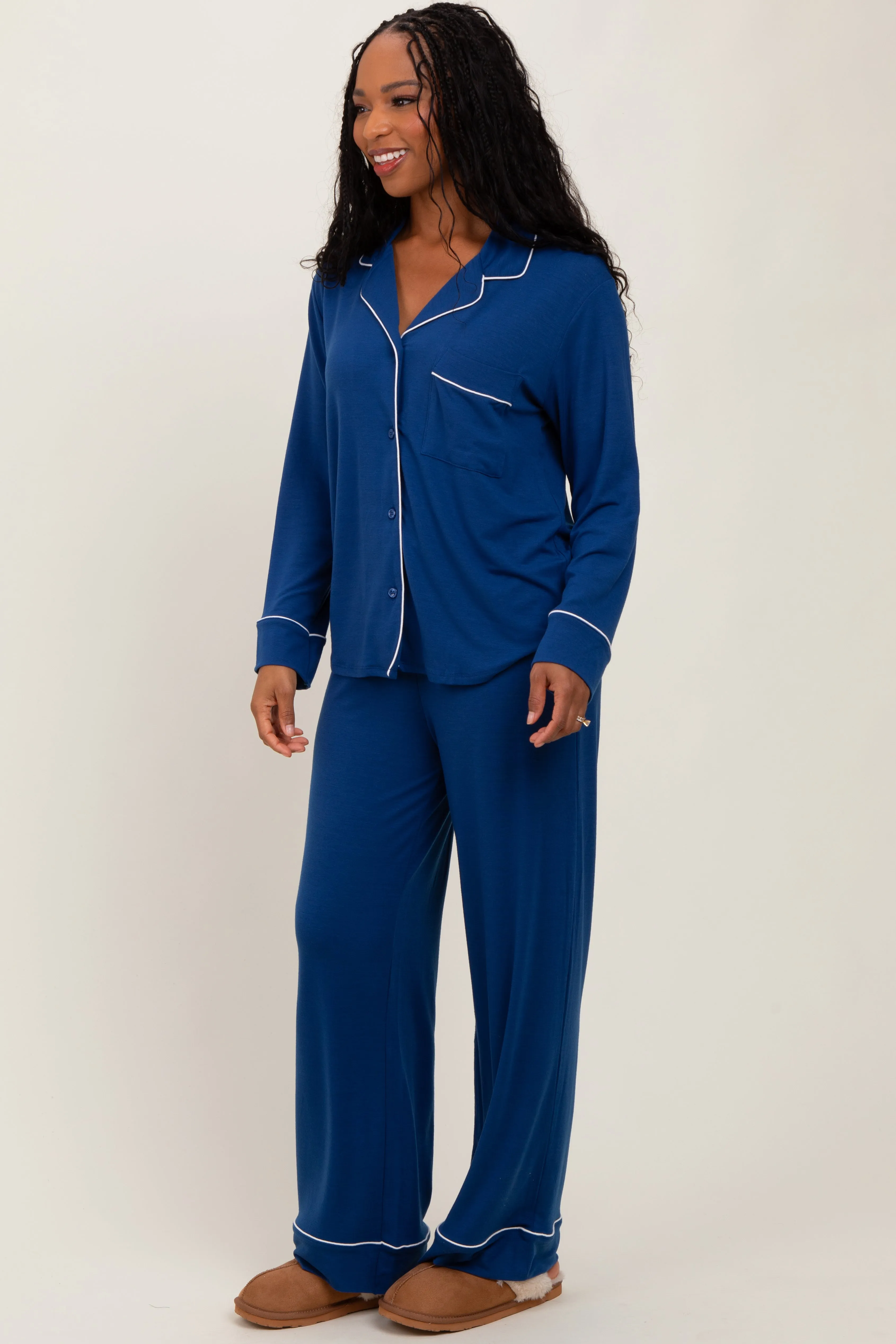 Navy Button Down Top Wide Leg Pant Pajama Set sold by Pinkblush product image thumbnail 3