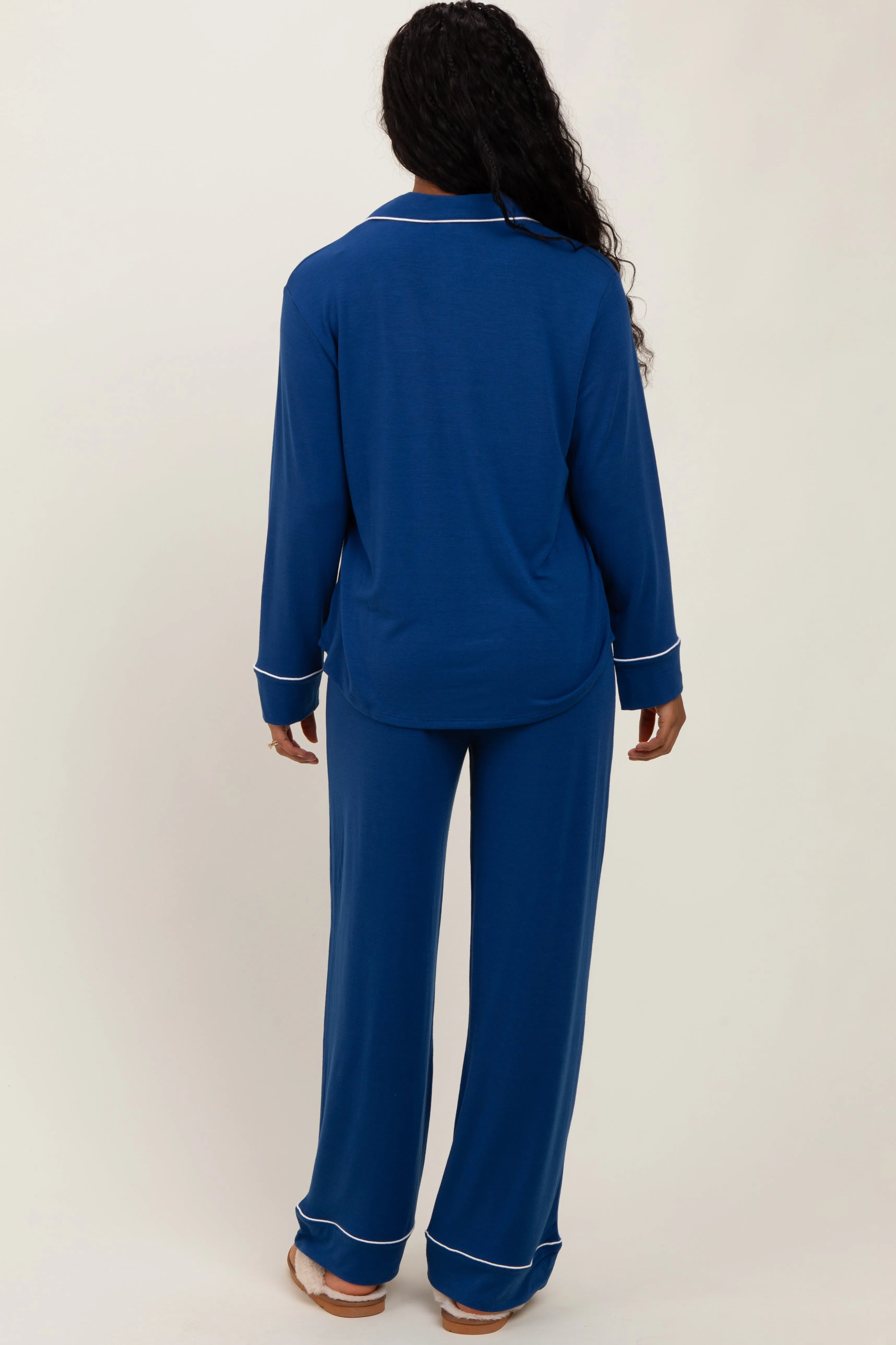 Navy Button Down Top Wide Leg Pant Pajama Set sold by Pinkblush product image thumbnail 4