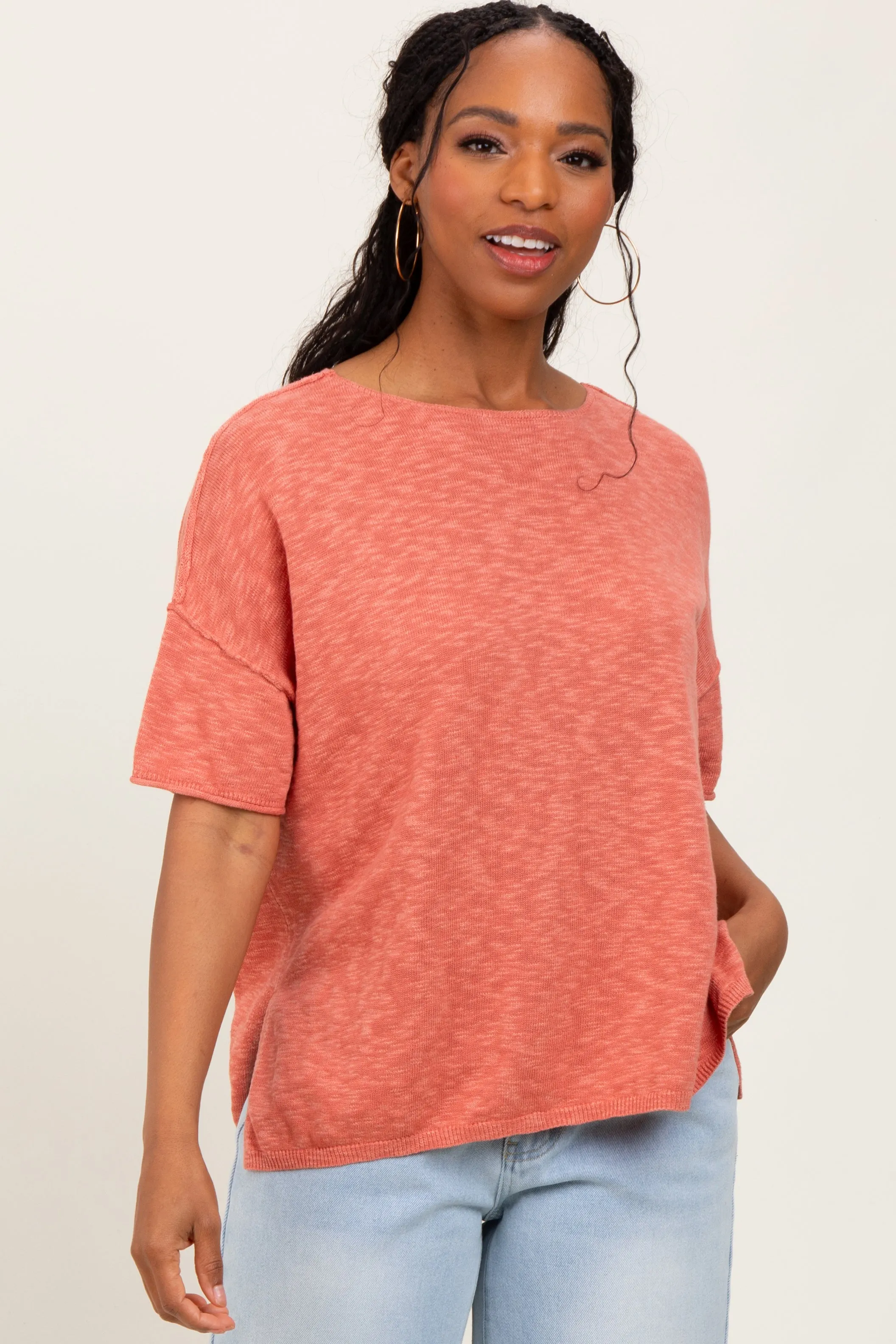 Coral Knit Drop Shoulder Short Sleeve Top sold by Pinkblush