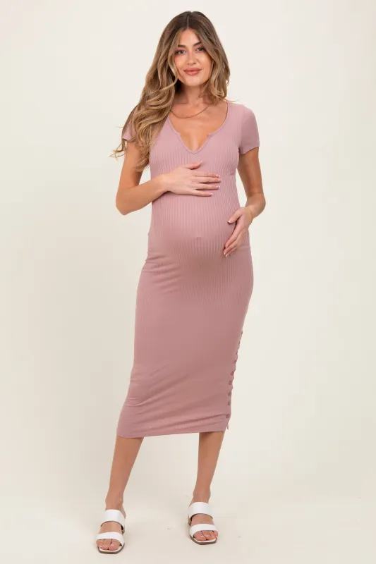 Mauve Short Sleeve Side Button Ribbed Maternity Midi Dress sold by Pinkblush