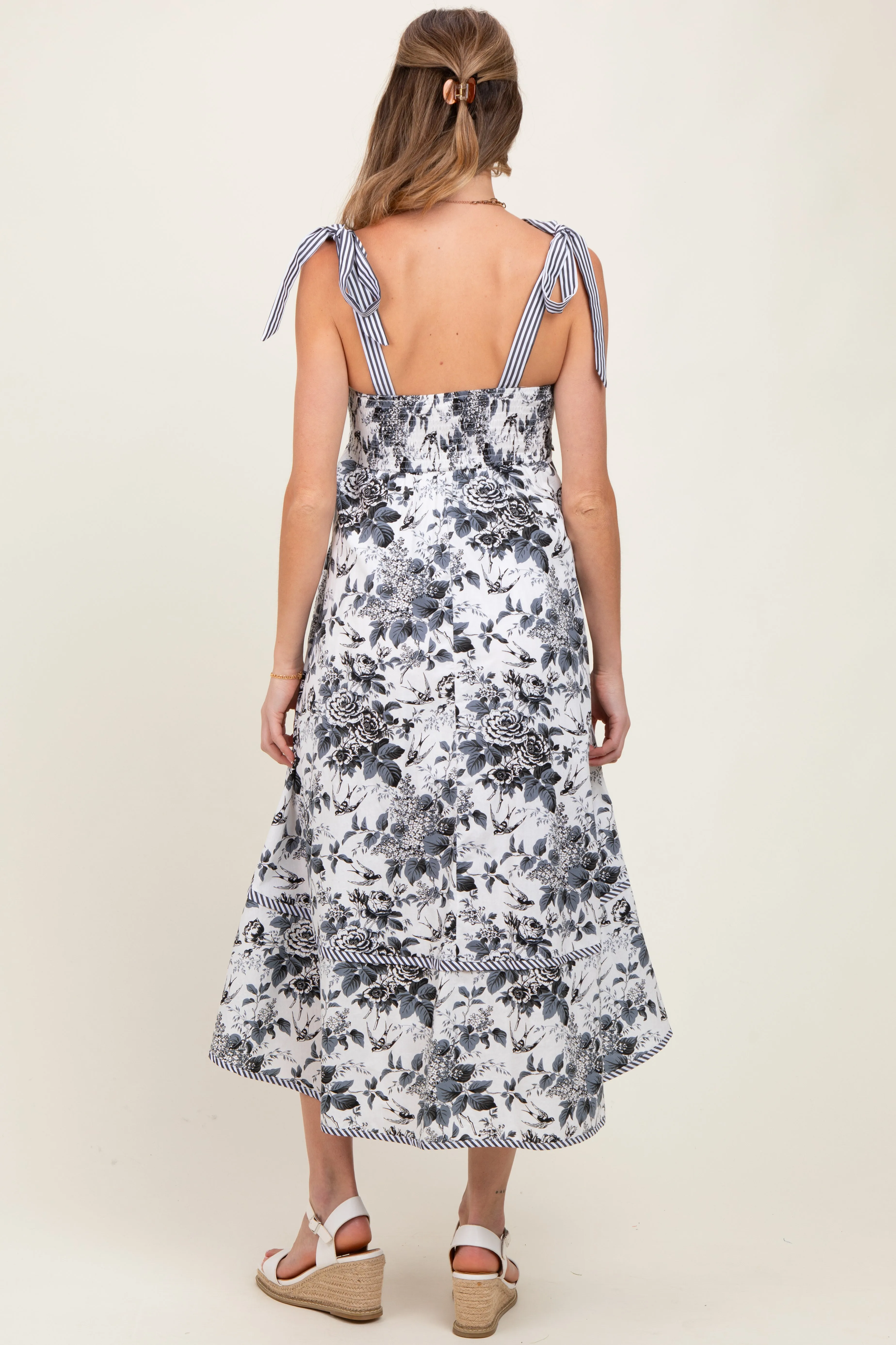 Black Floral Shoulder Tie Striped Trim Maternity Midi Dress sold by Pinkblush product image thumbnail 3