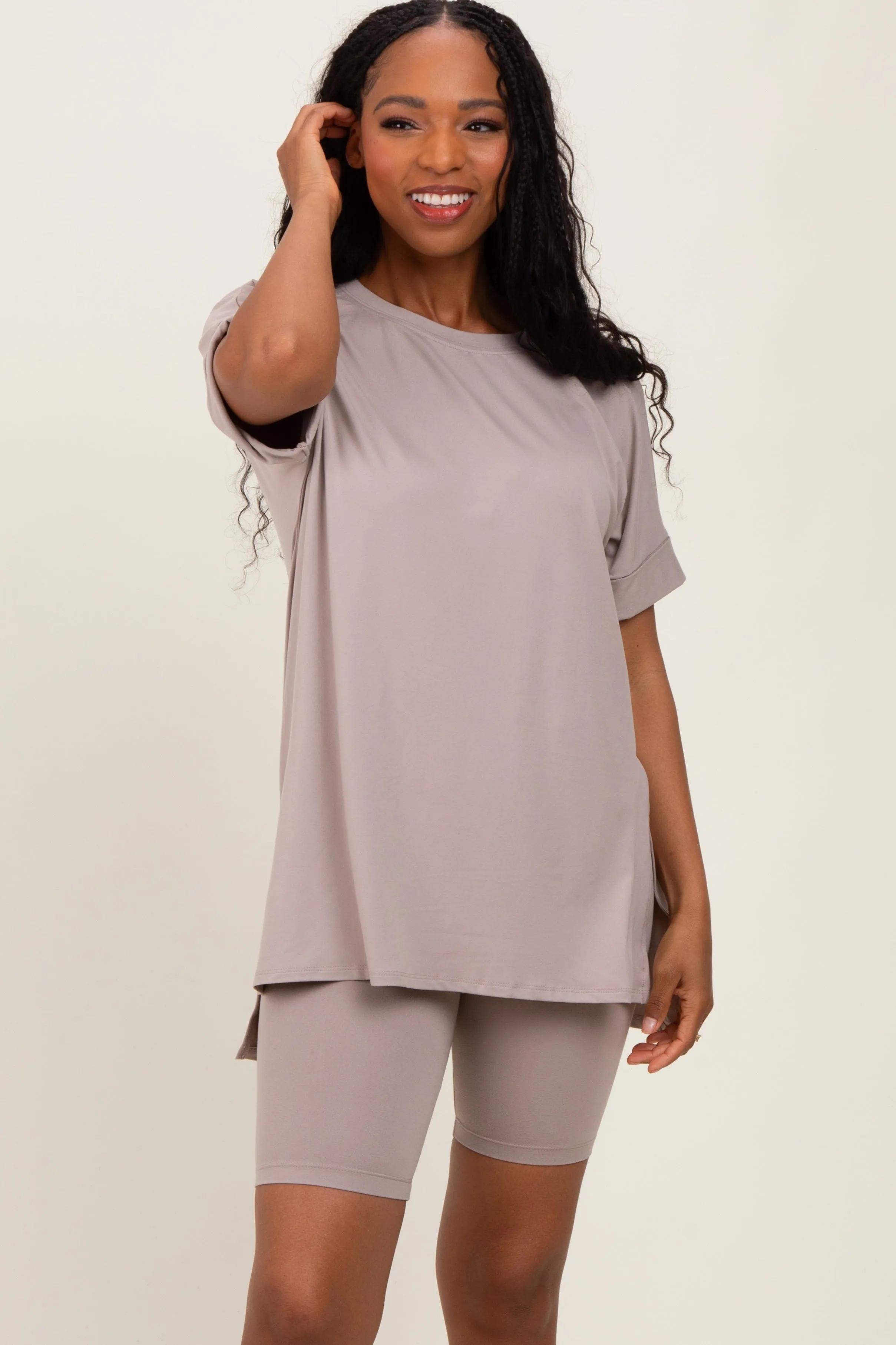 Beige Hi-Low Short Sleeve Tee Biker Short Set sold by Pinkblush product image thumbnail 4