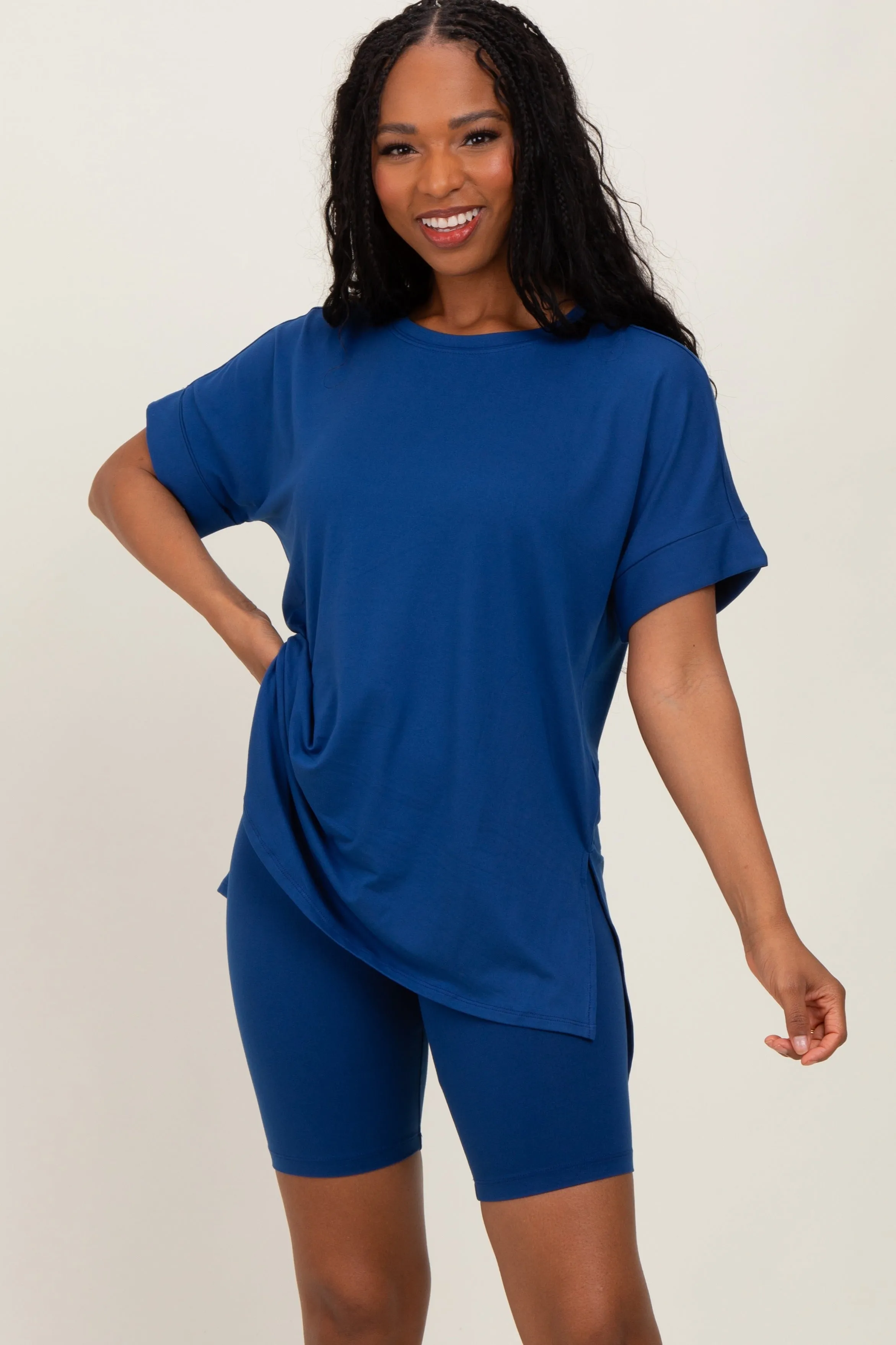 Navy Hi-Low Short Sleeve Tee Biker Short Set sold by Pinkblush