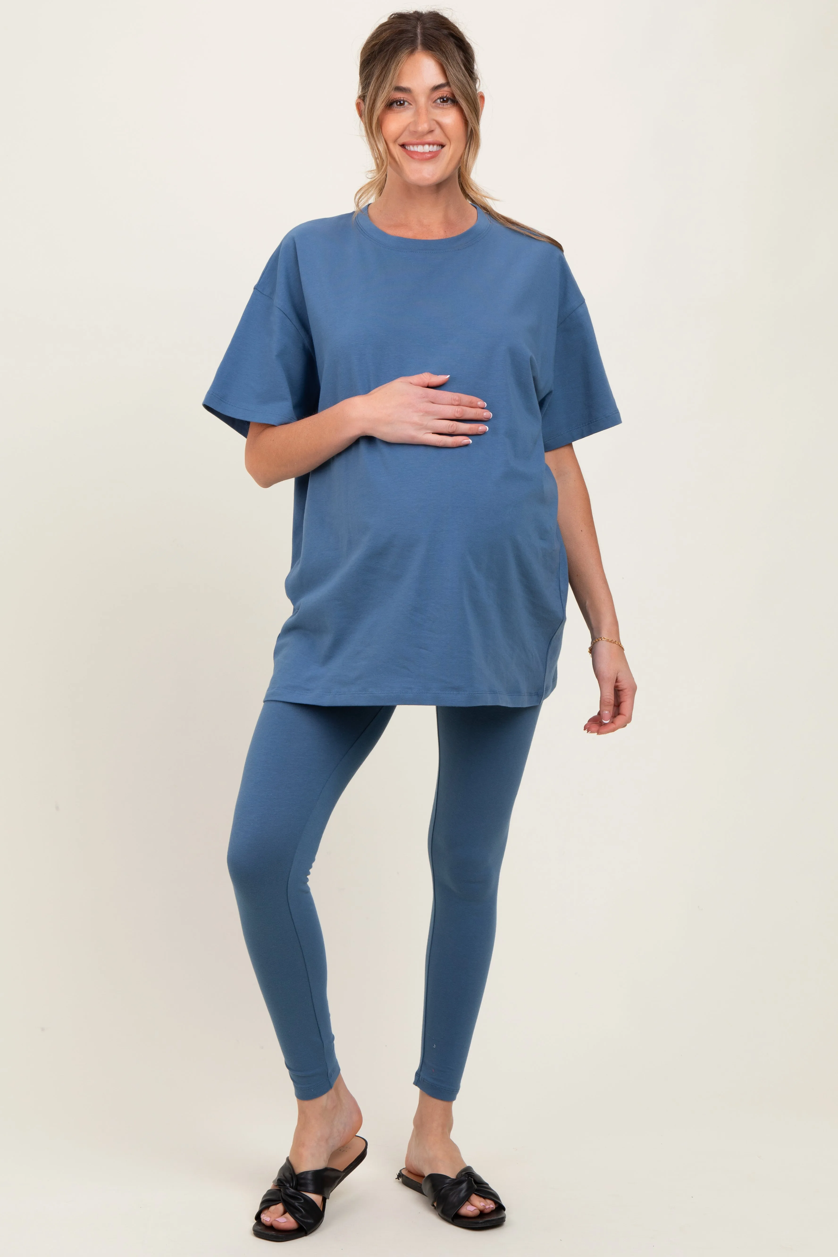 Blue Oversized Crewneck Short Sleeve and Legging Maternity Set sold by Pinkblush