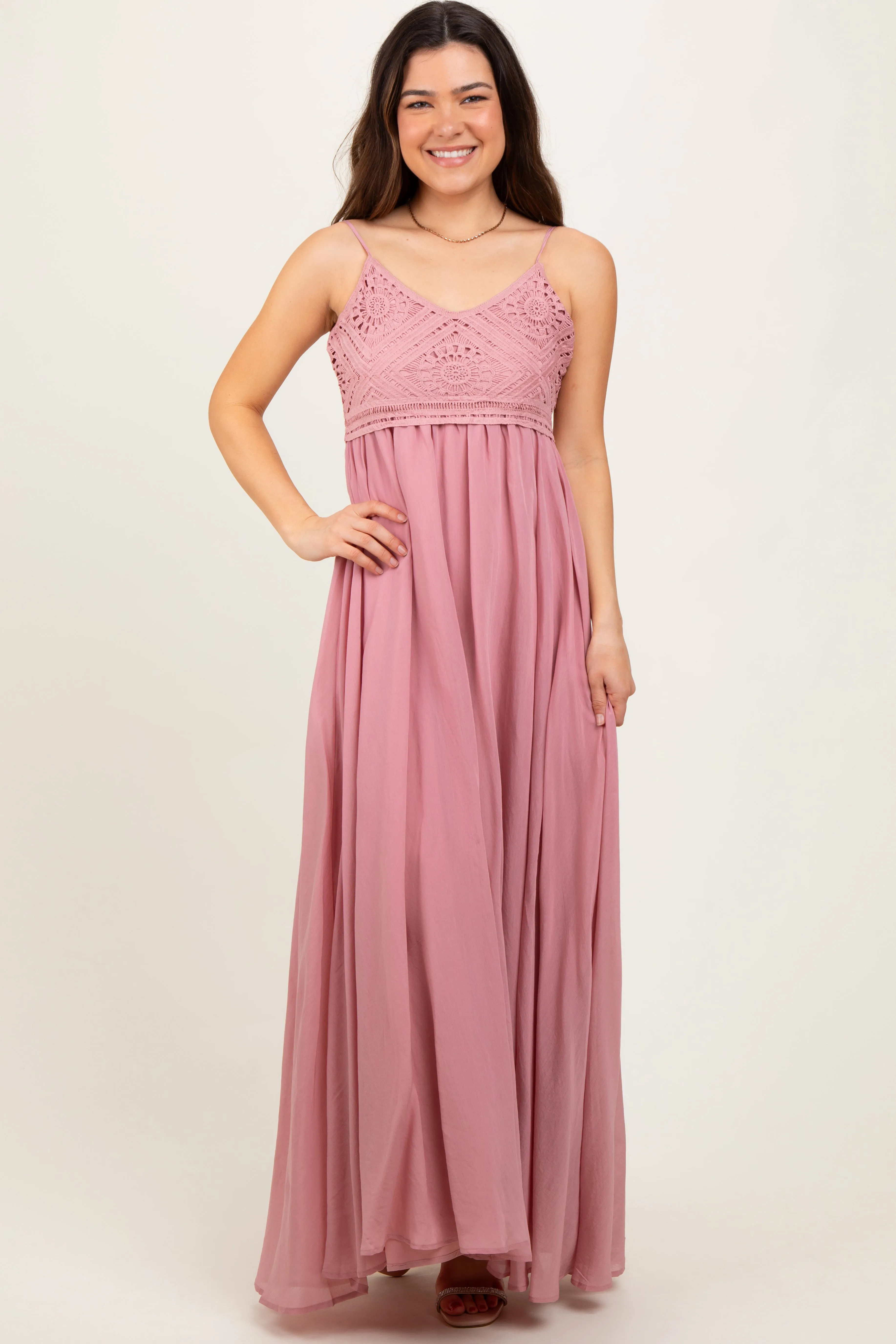 Mauve Crochet Bodice Maxi Dress sold by Pinkblush