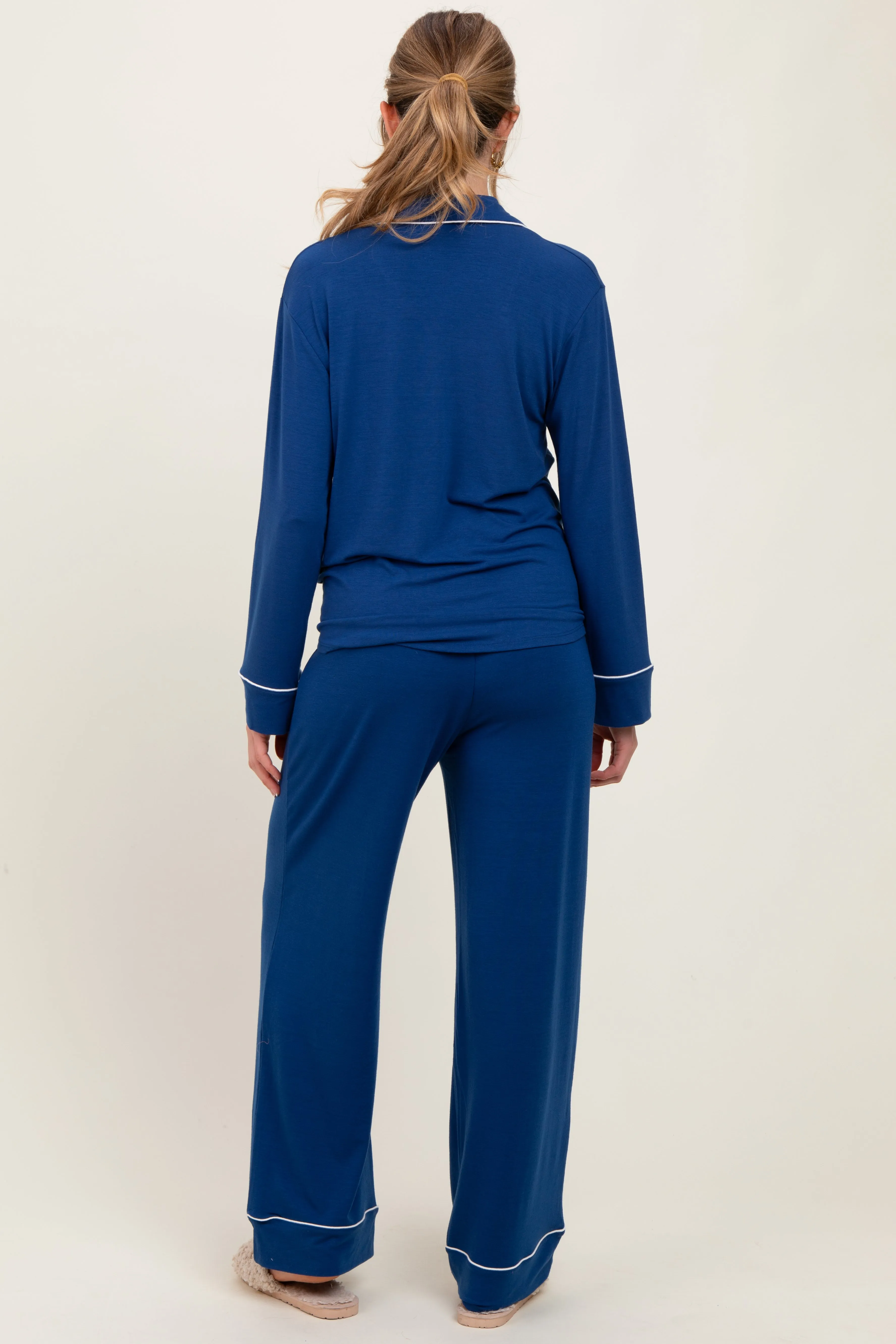 Navy Button Down Top Wide Leg Pant Maternity Pajama Set sold by Pinkblush product image thumbnail 4