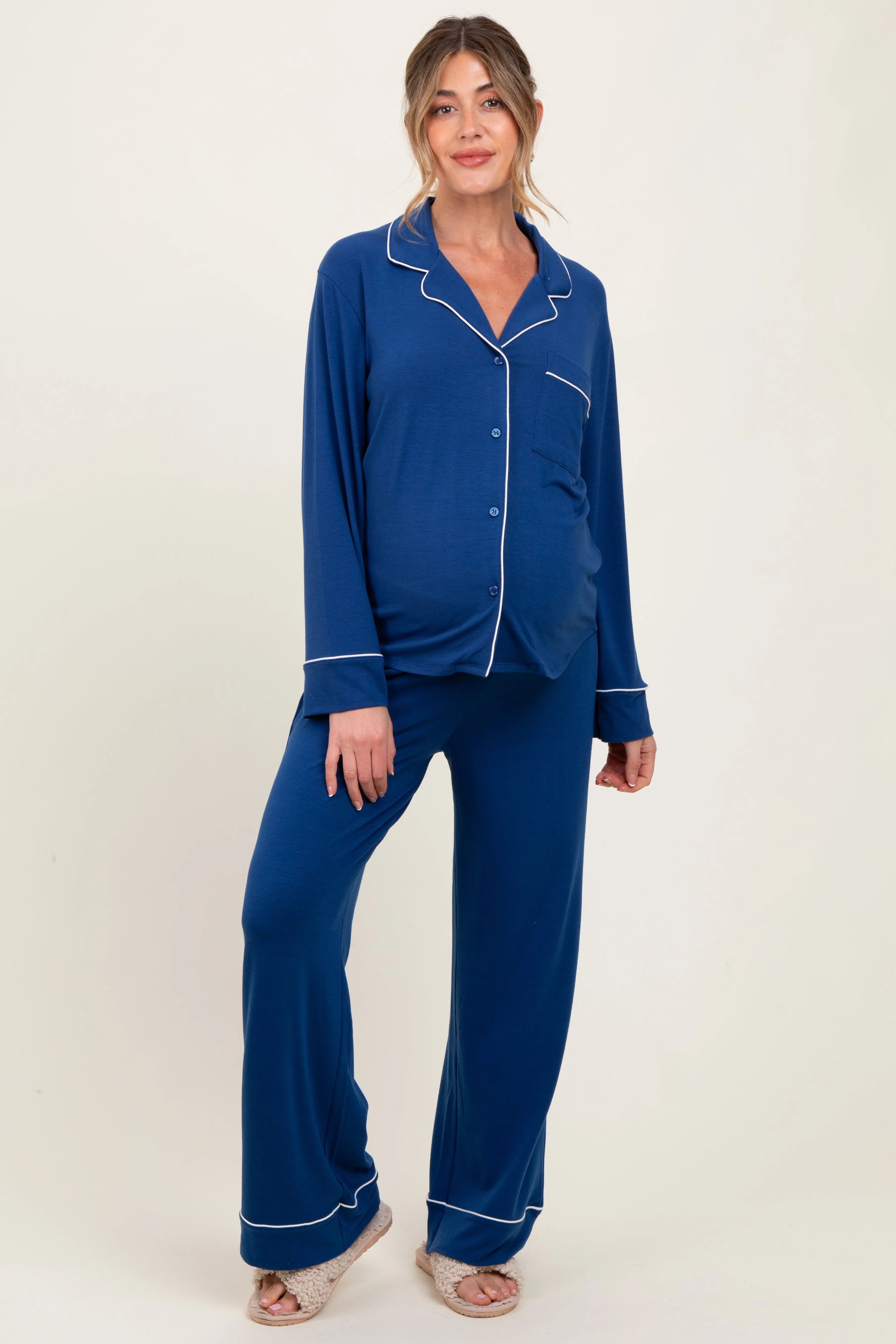 Navy Button Down Top Wide Leg Pant Maternity Pajama Set sold by Pinkblush