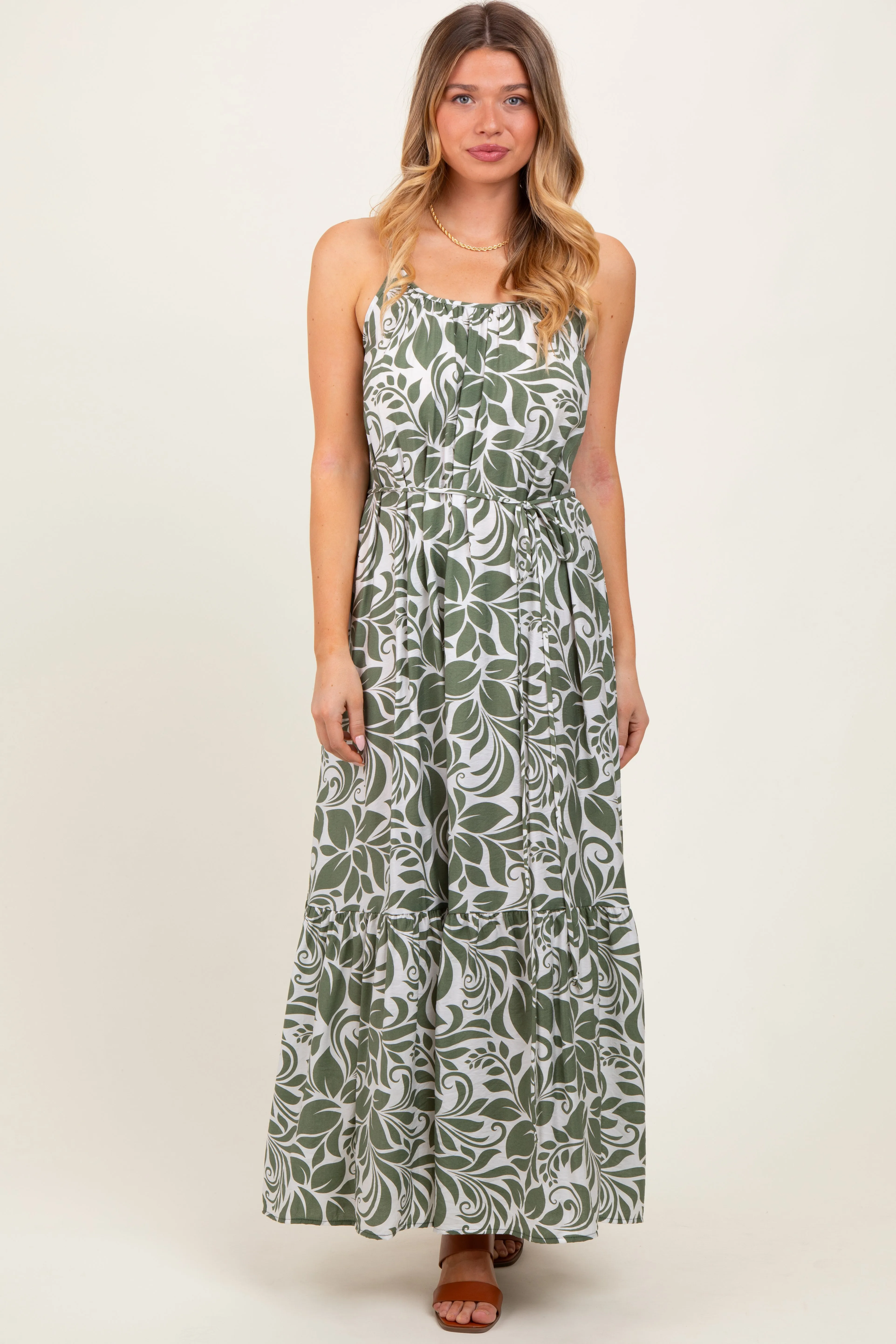 Olive Floral Waist Tie Maxi Dress sold by Pinkblush product image thumbnail 2