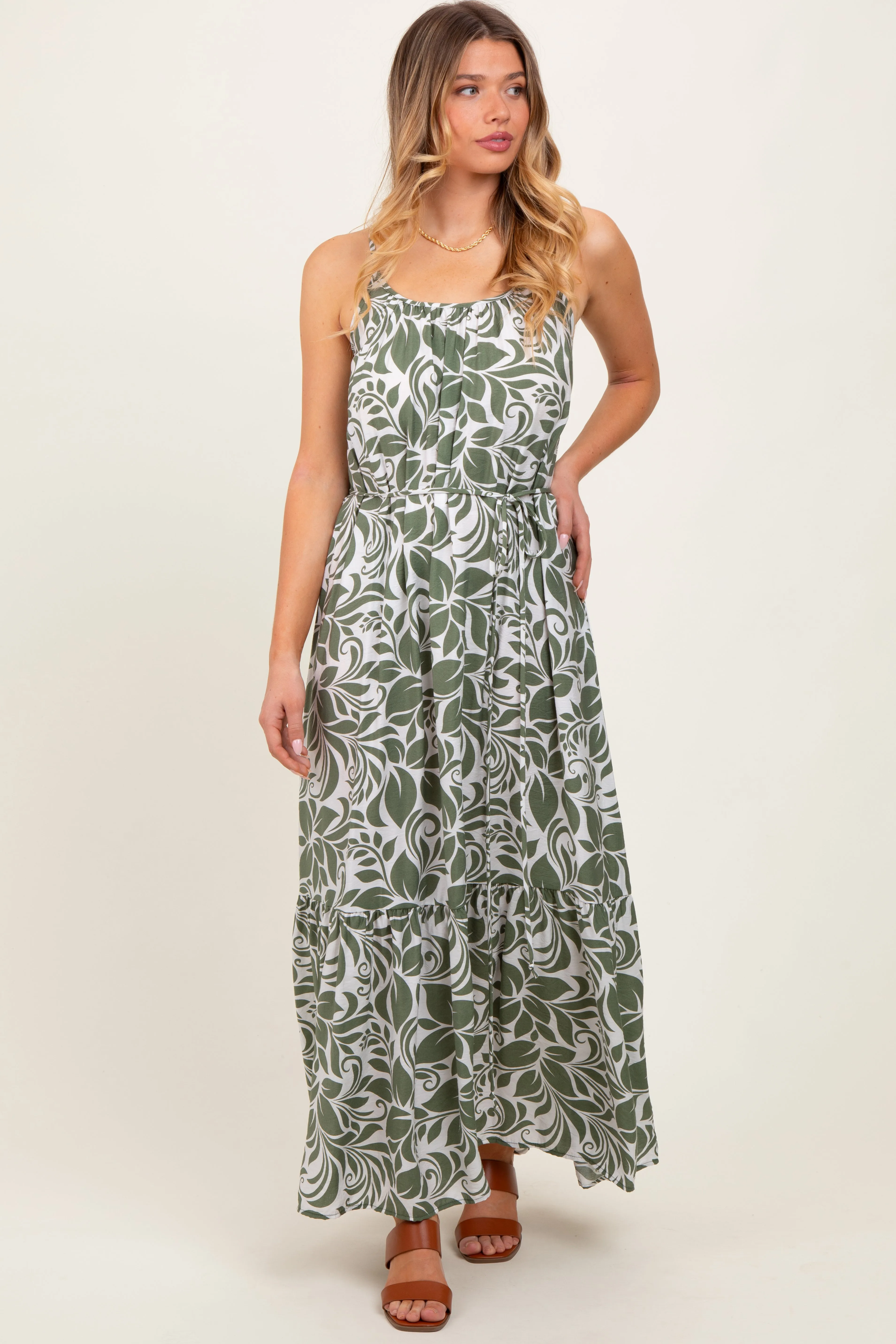 Olive Floral Waist Tie Maxi Dress sold by Pinkblush