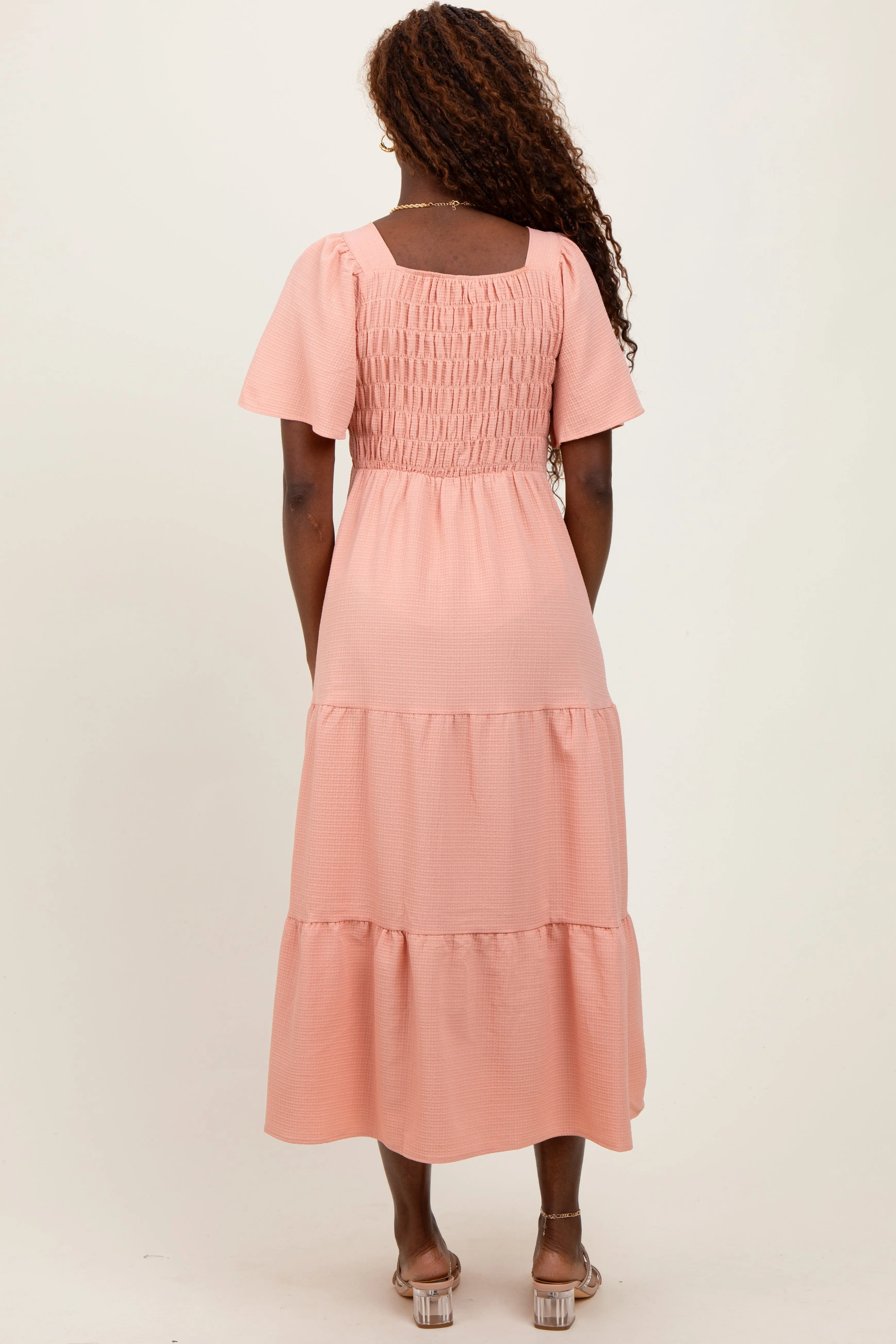 Peach Sweetheart Neck Short Puff Sleeve Tiered Midi Dress sold by Pinkblush product image thumbnail 3