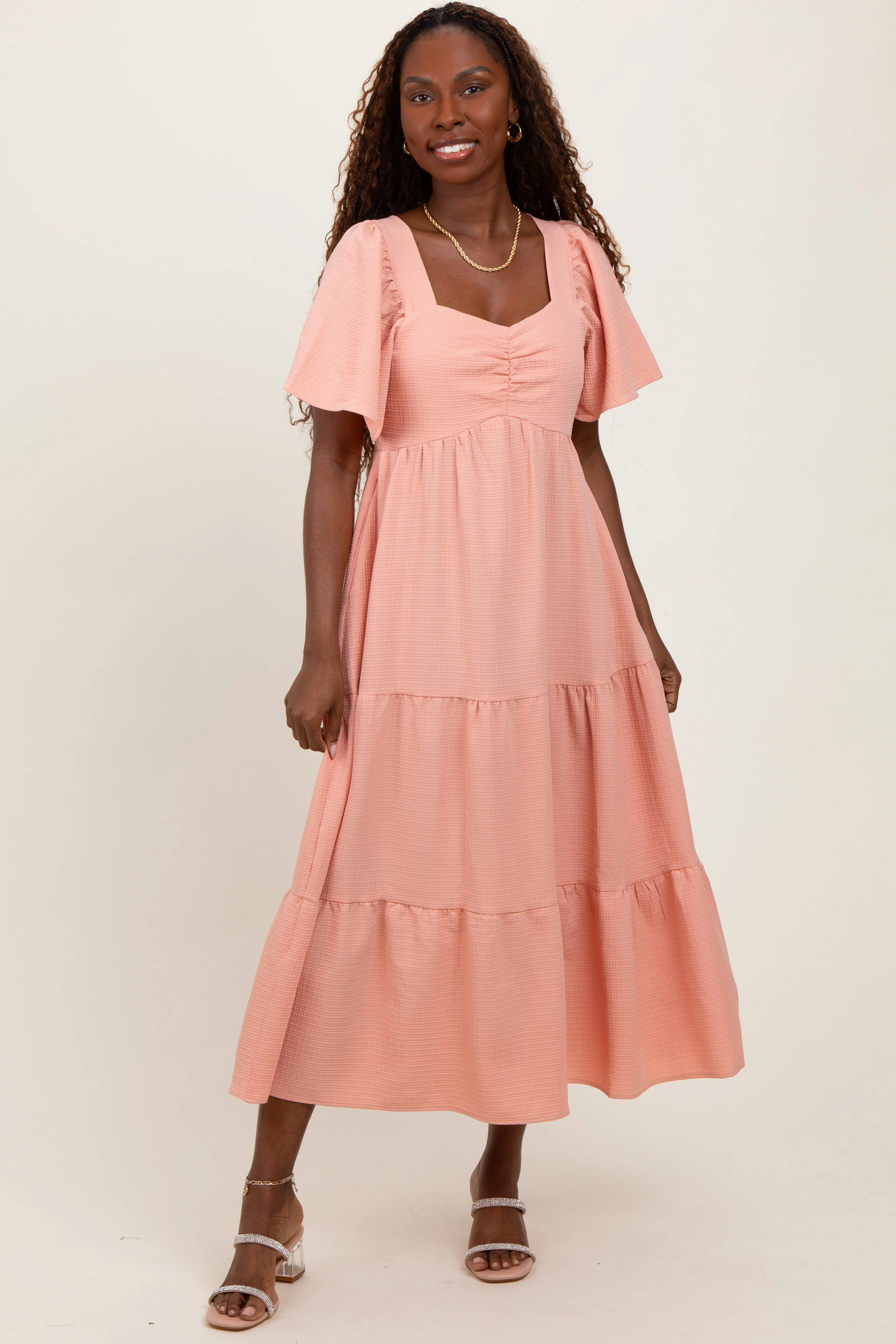 Peach Sweetheart Neck Short Puff Sleeve Tiered Midi Dress sold by Pinkblush