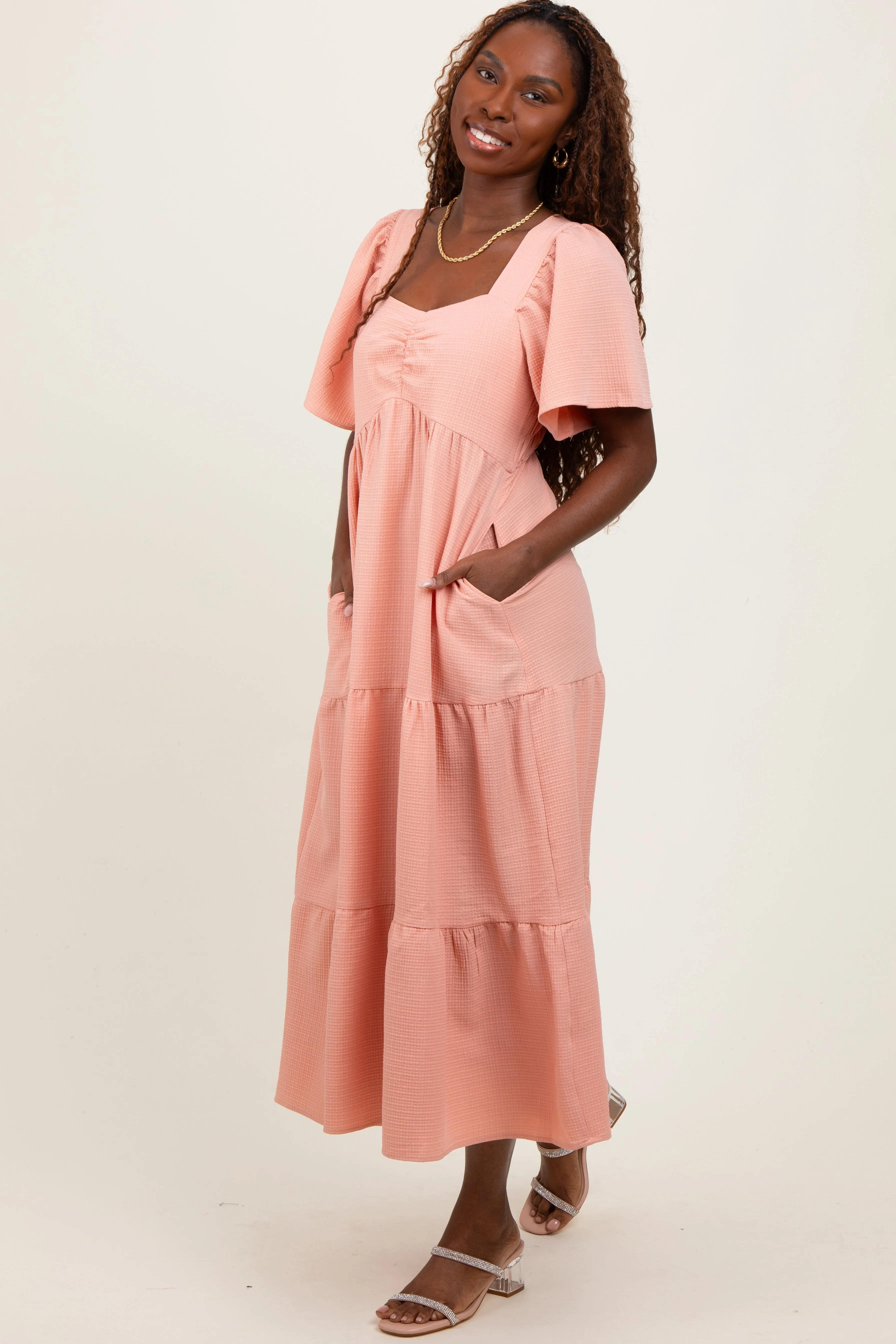 Peach Sweetheart Neck Short Puff Sleeve Tiered Midi Dress sold by Pinkblush product image thumbnail 2