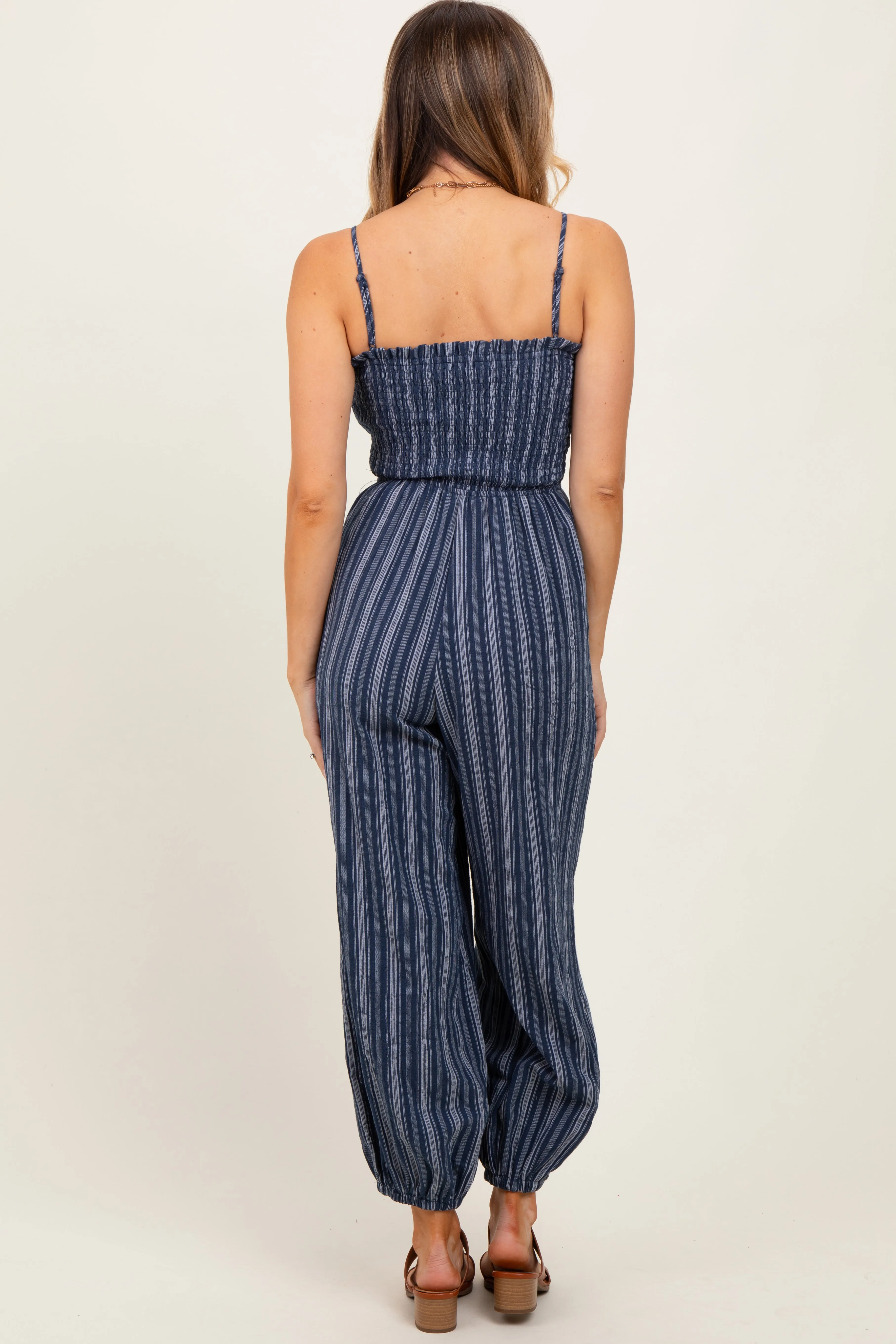 Navy Smocked Striped Balloon Jumpsuit sold by Pinkblush product image thumbnail 4