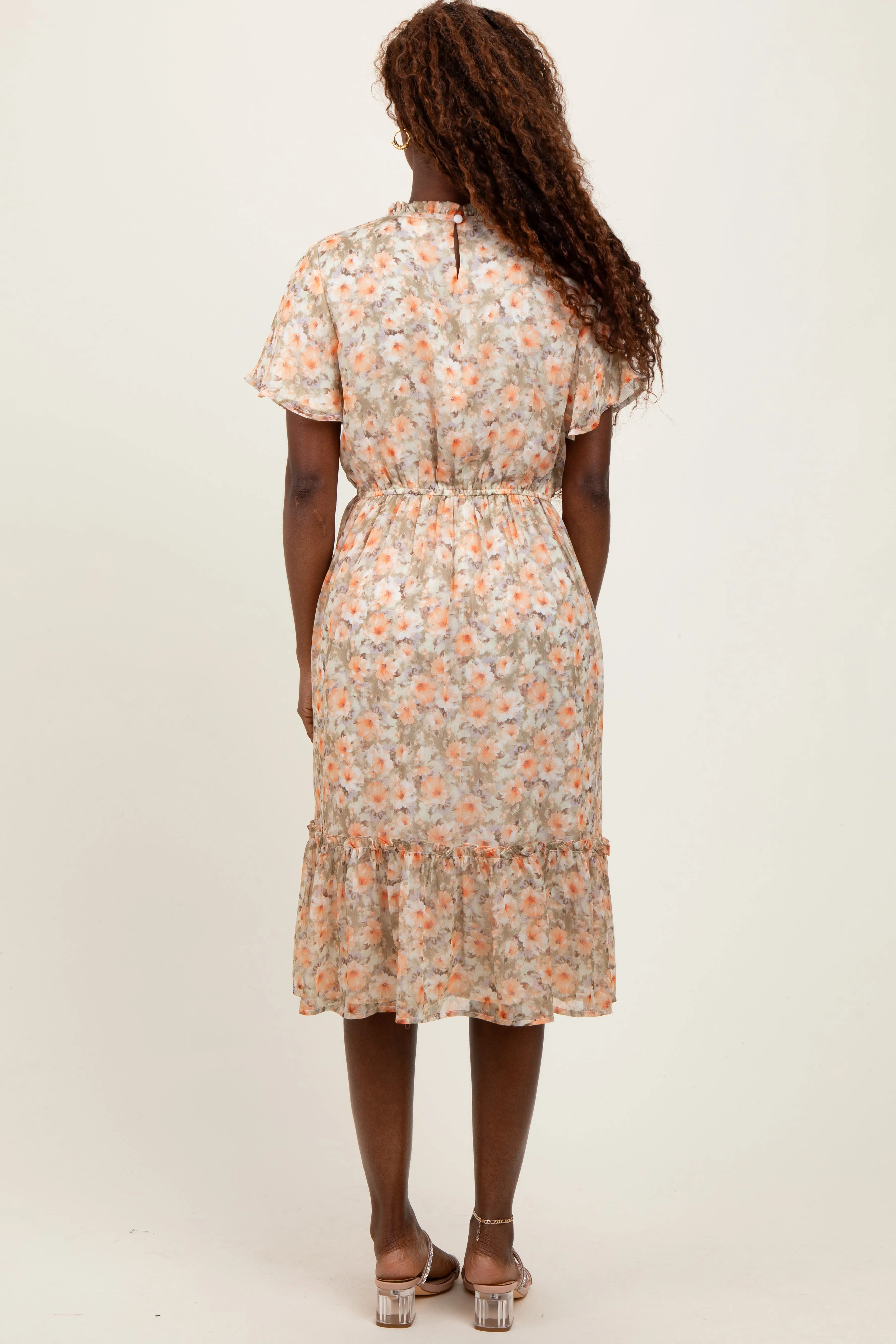 Light Olive Floral Ruffle Mock Neck Midi Dress sold by Pinkblush product image thumbnail 3
