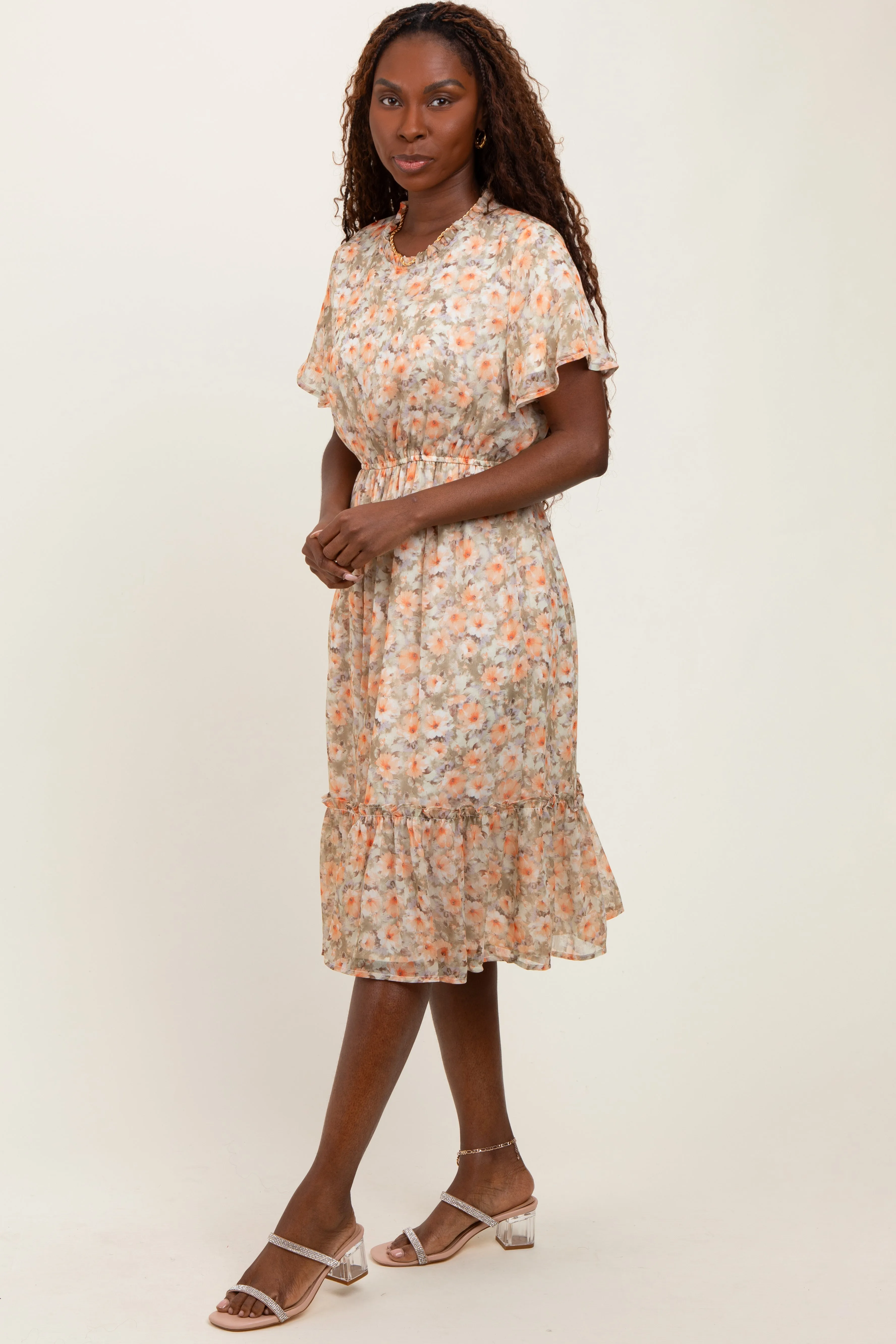 Light Olive Floral Ruffle Mock Neck Midi Dress sold by Pinkblush product image thumbnail 2