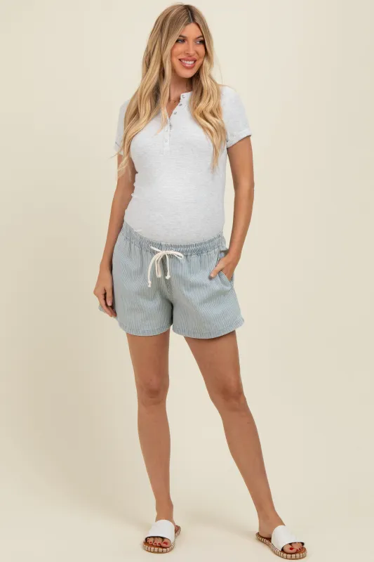 Light Blue Striped Drawstring Maternity Denim Shorts sold by Pinkblush