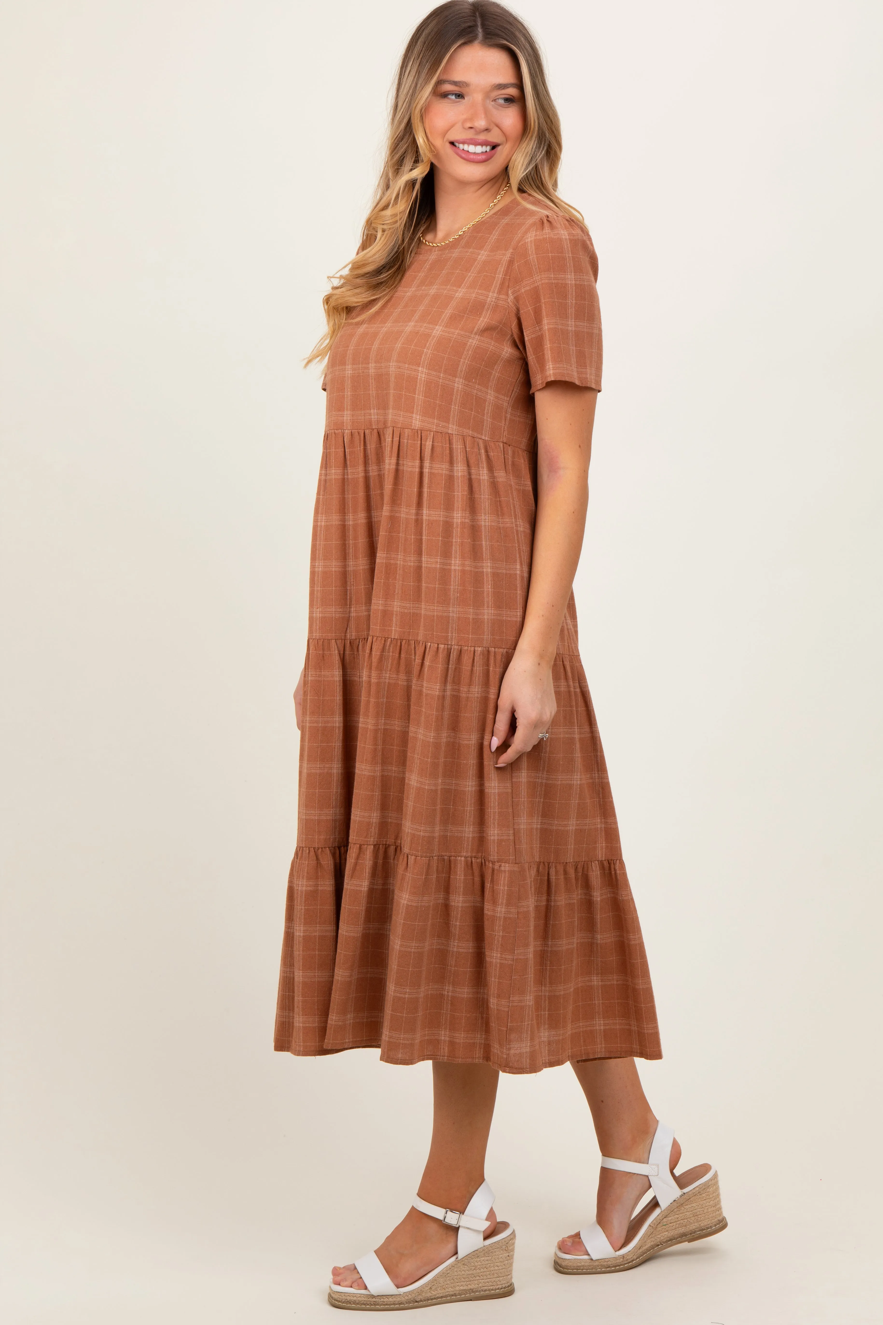 Rust Plaid Tiered Short Sleeve Dress sold by Pinkblush product image thumbnail 2
