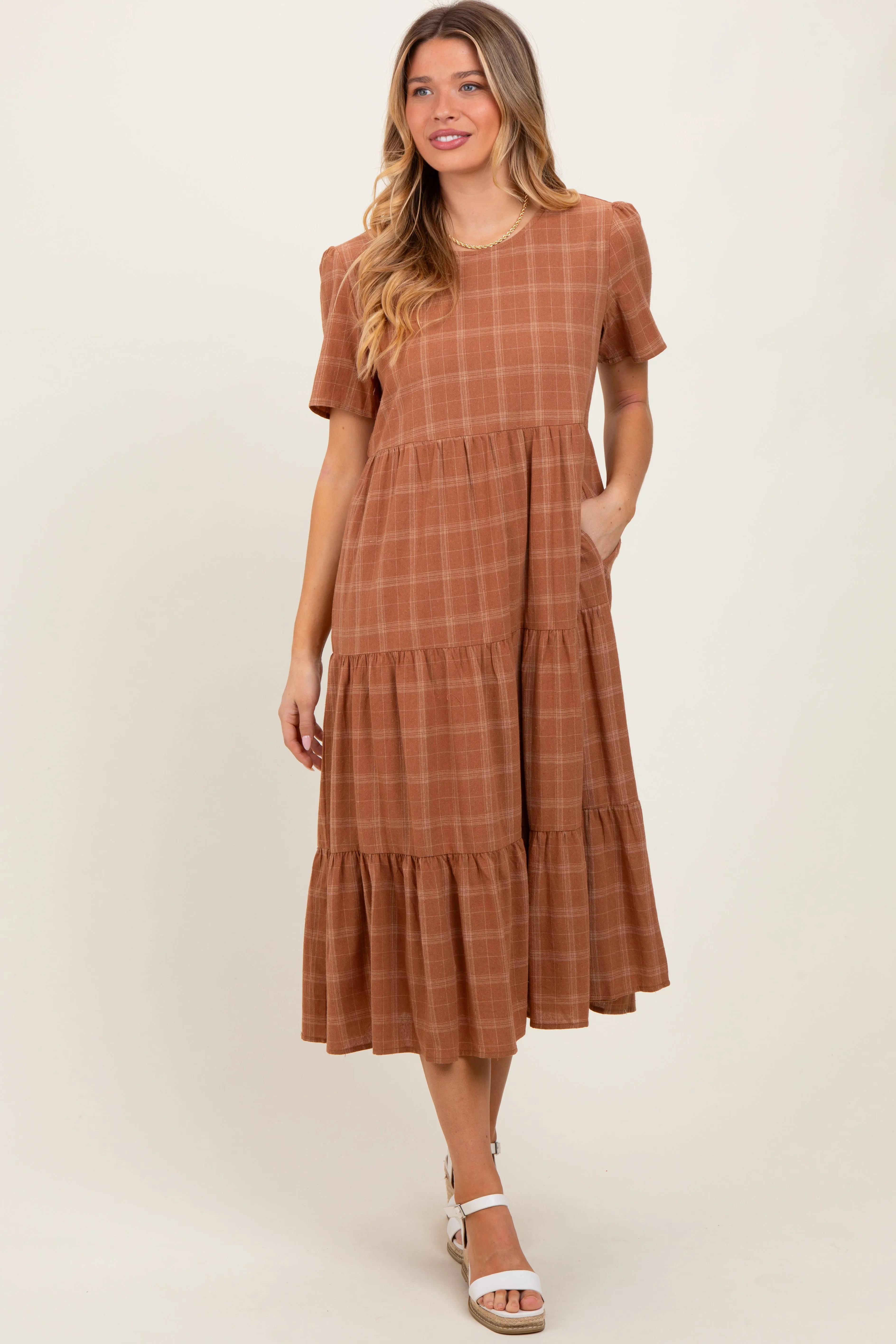 Rust Plaid Tiered Short Sleeve Dress sold by Pinkblush
