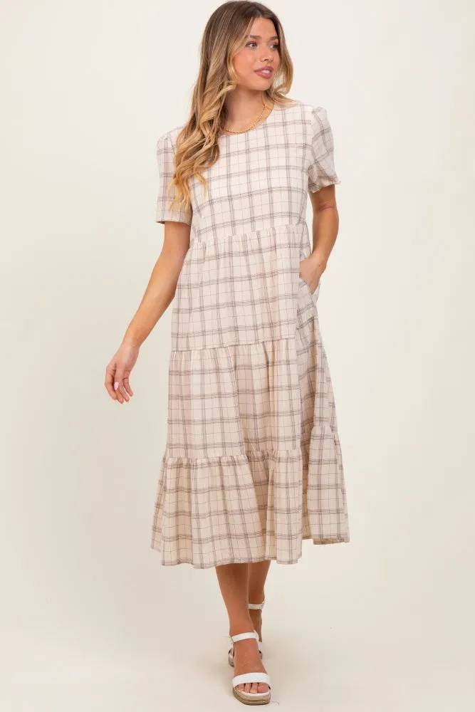 Ivory Plaid Tiered Short Sleeve Dress sold by Pinkblush