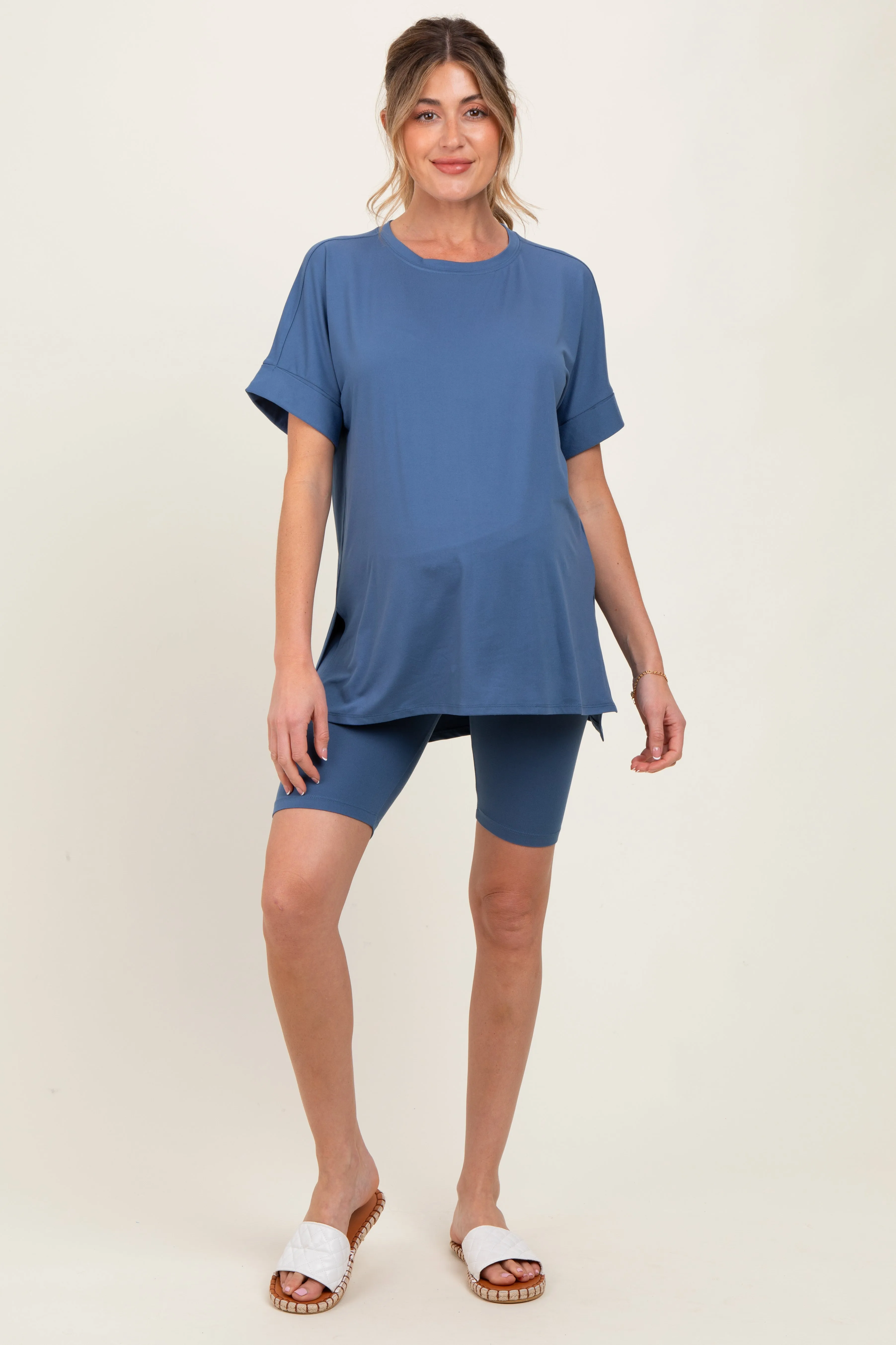 Blue Hi-Low Short Sleeve Tee Biker Short Maternity Set sold by Pinkblush