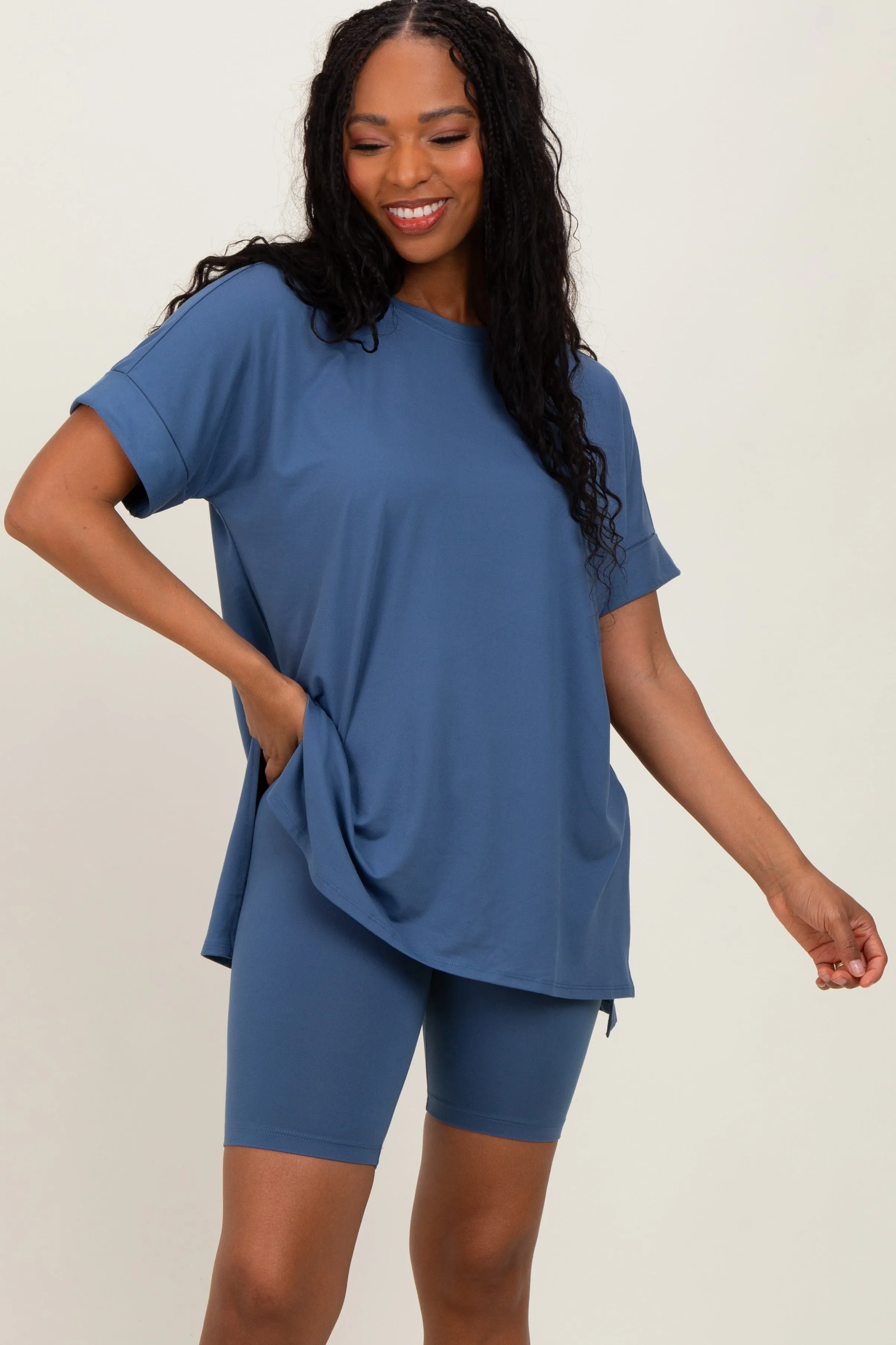 Blue Hi-Low Short Sleeve Tee Biker Short Maternity Set sold by Pinkblush product image thumbnail 5