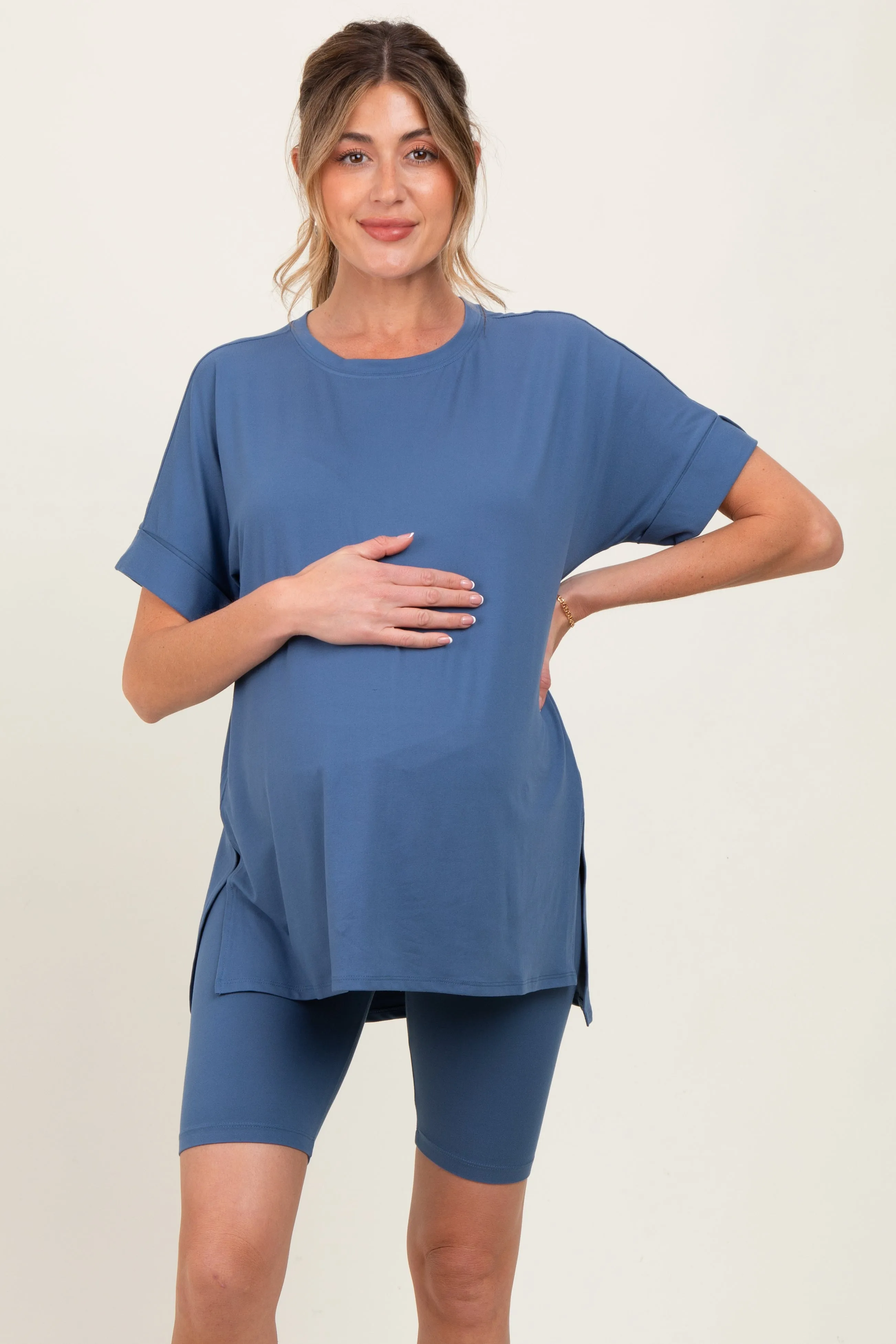 Blue Hi-Low Short Sleeve Tee Biker Short Maternity Set sold by Pinkblush product image thumbnail 2
