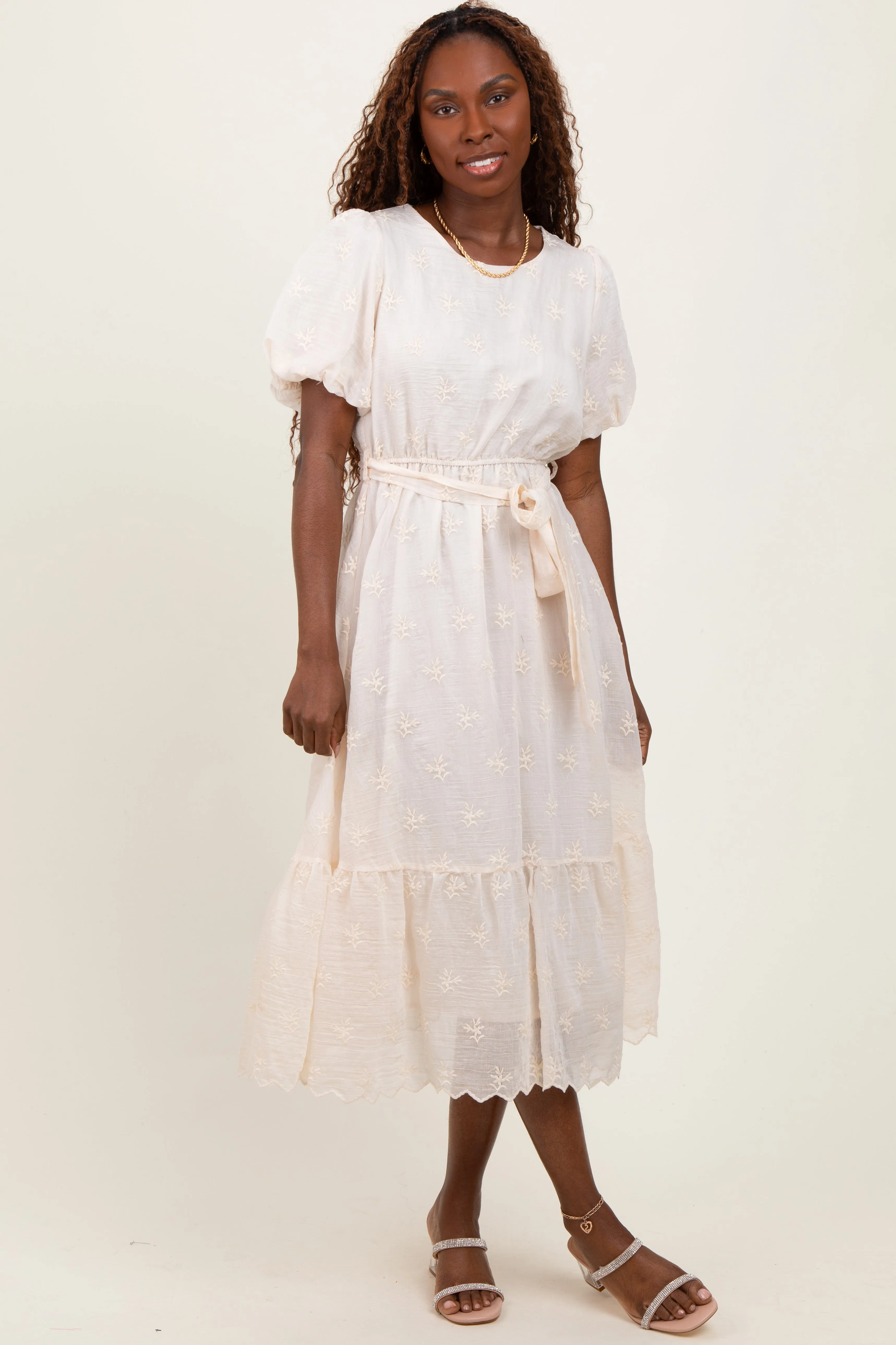 Ivory Embroidered Tied Waist Short Sleeve Midi Dress sold by Pinkblush product image thumbnail 2