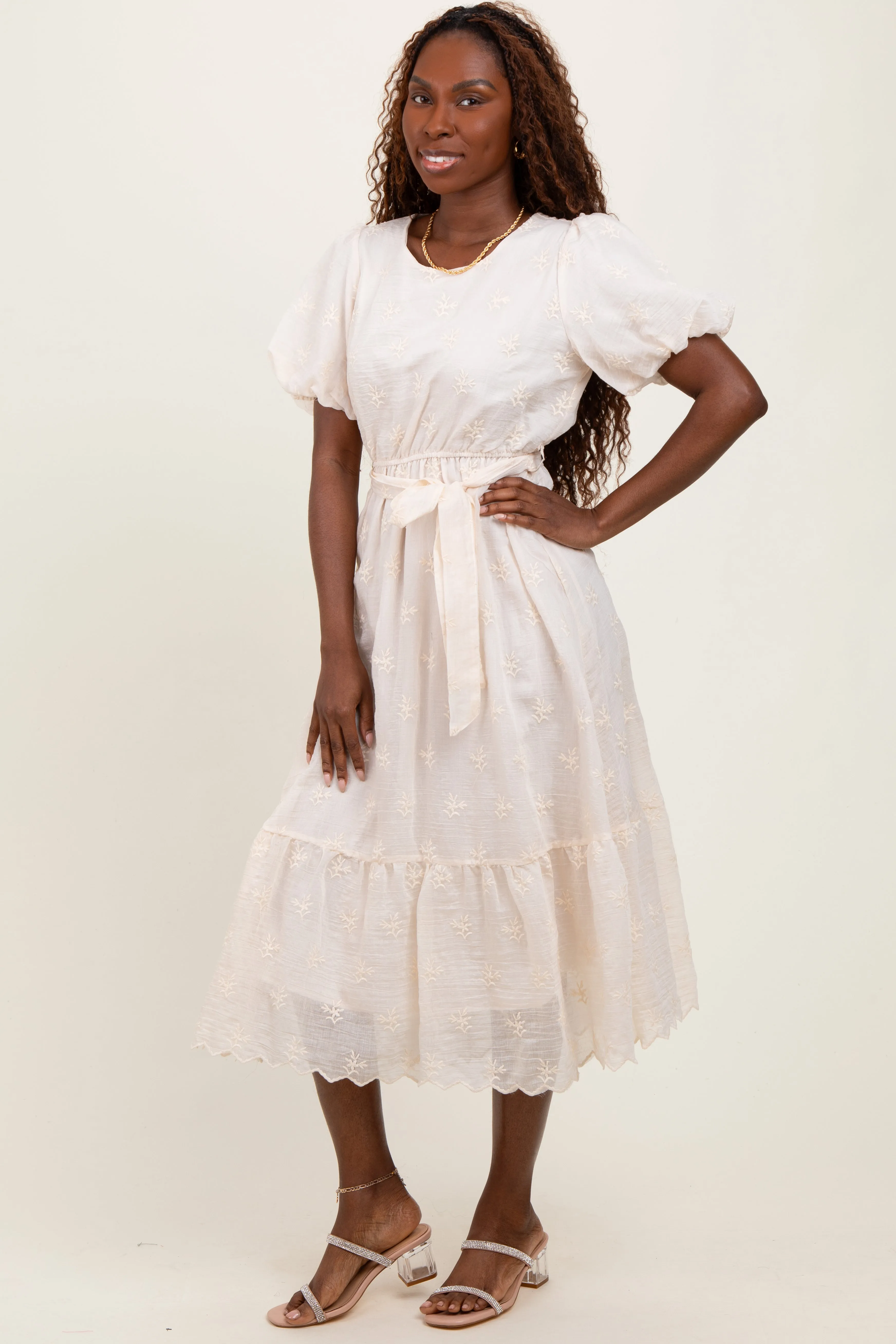 Ivory Embroidered Tied Waist Short Sleeve Midi Dress sold by Pinkblush product image thumbnail 3
