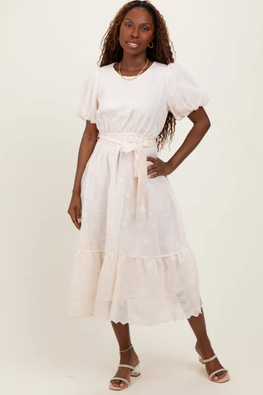 Ivory Embroidered Tied Waist Short Sleeve Midi Dress sold by Pinkblush