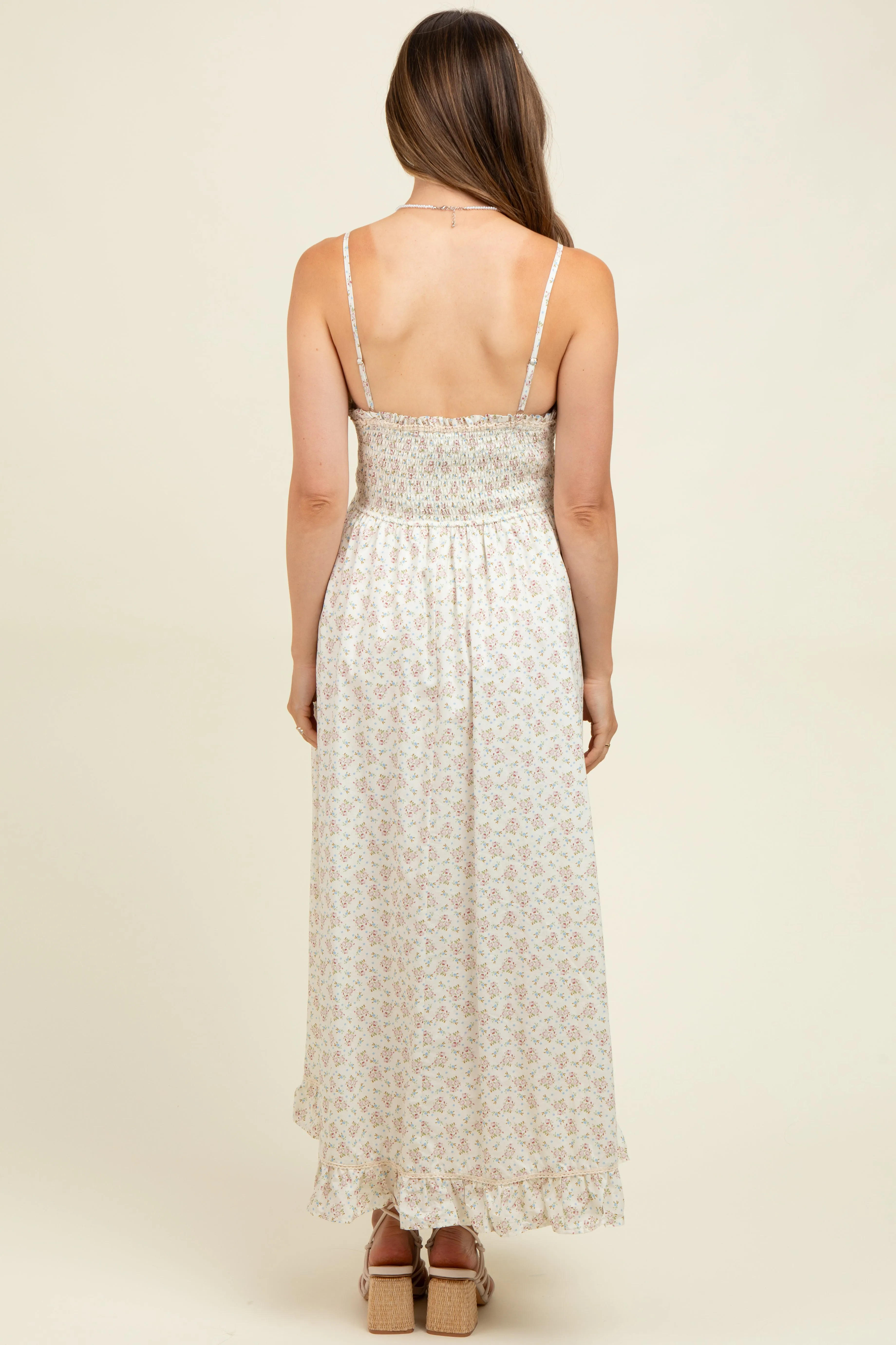 Mauve Floral Smocked Waist Ruffle Accent Maternity Midi Dress sold by Pinkblush product image thumbnail 4