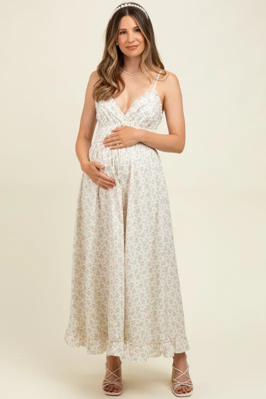 Mauve Floral Smocked Waist Ruffle Accent Maternity Midi Dress sold by Pinkblush