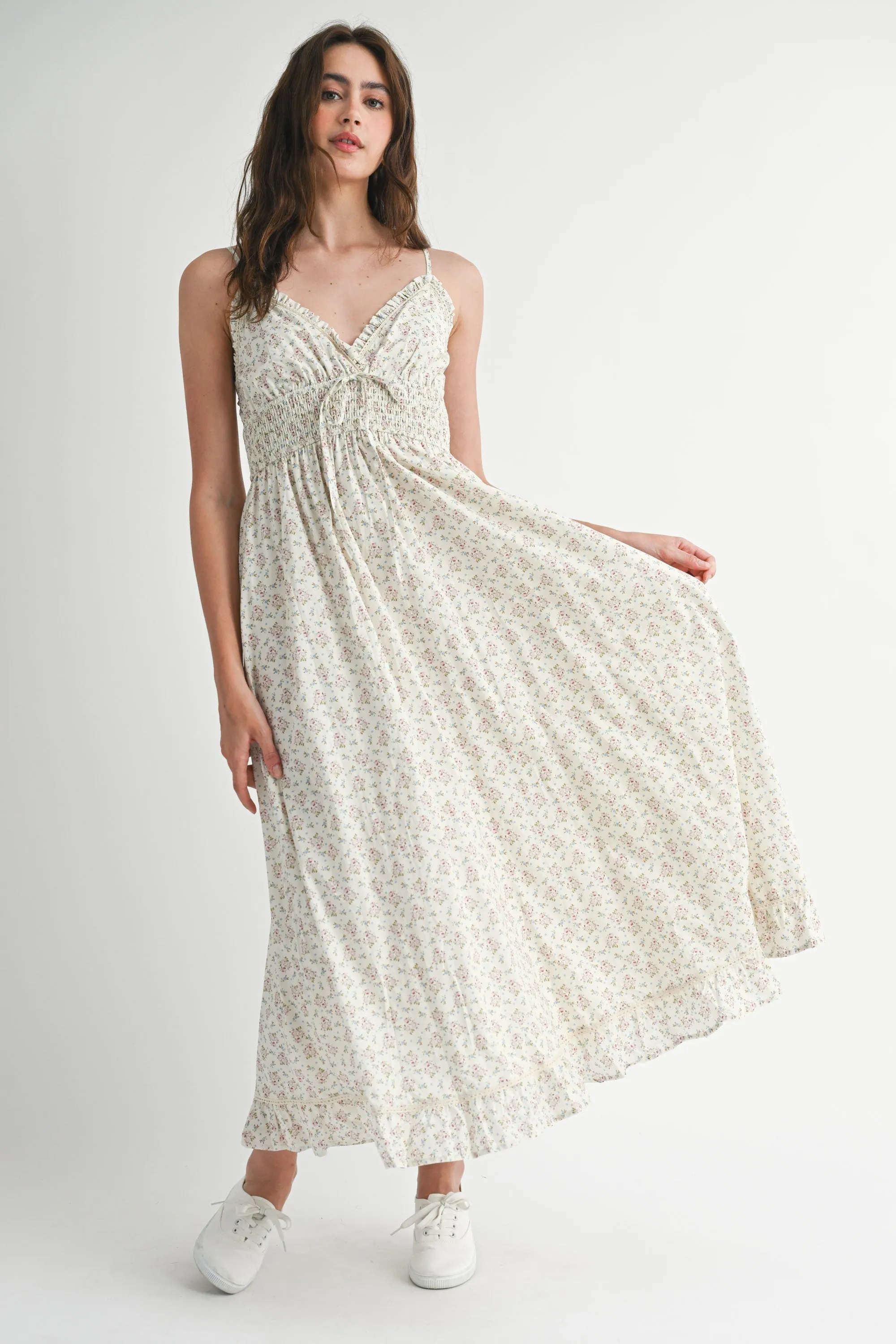 Mauve Floral Smocked Waist Ruffle Accent Maternity Midi Dress sold by Pinkblush product image thumbnail 5