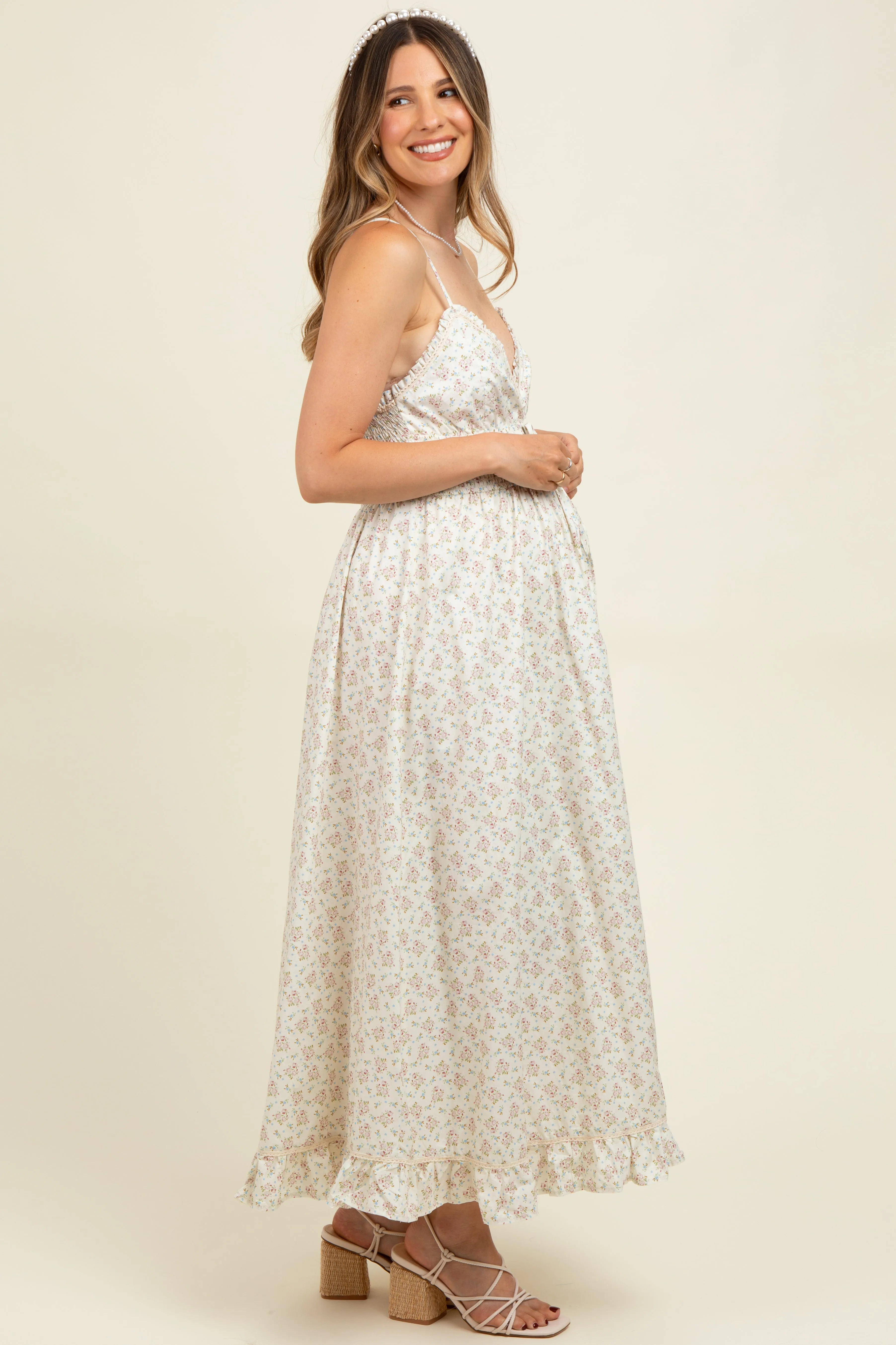 Mauve Floral Smocked Waist Ruffle Accent Maternity Midi Dress sold by Pinkblush product image thumbnail 3