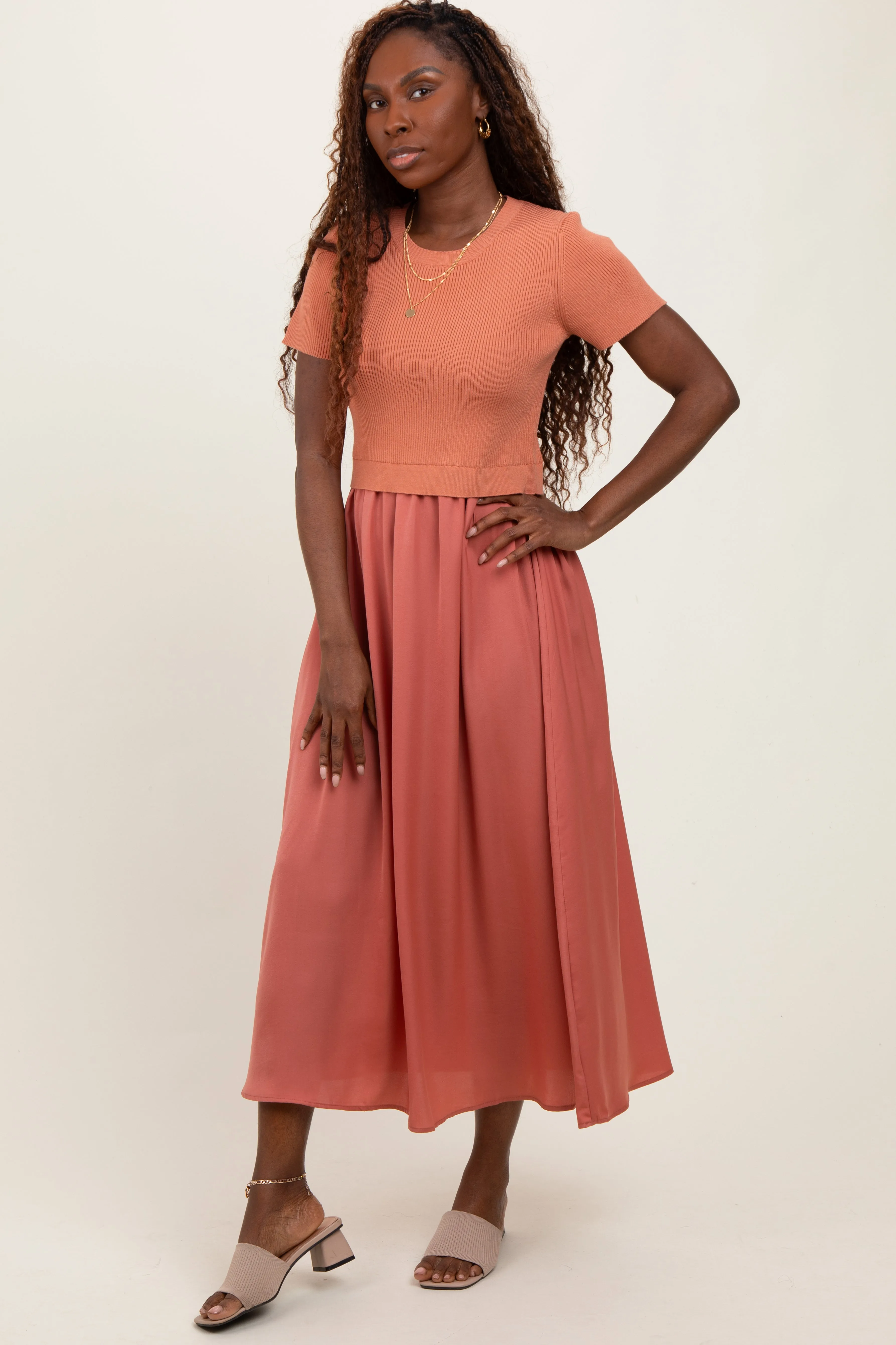 Rust Knit Contrast Top Satin Short Sleeve Midi Dress sold by Pinkblush product image thumbnail 2