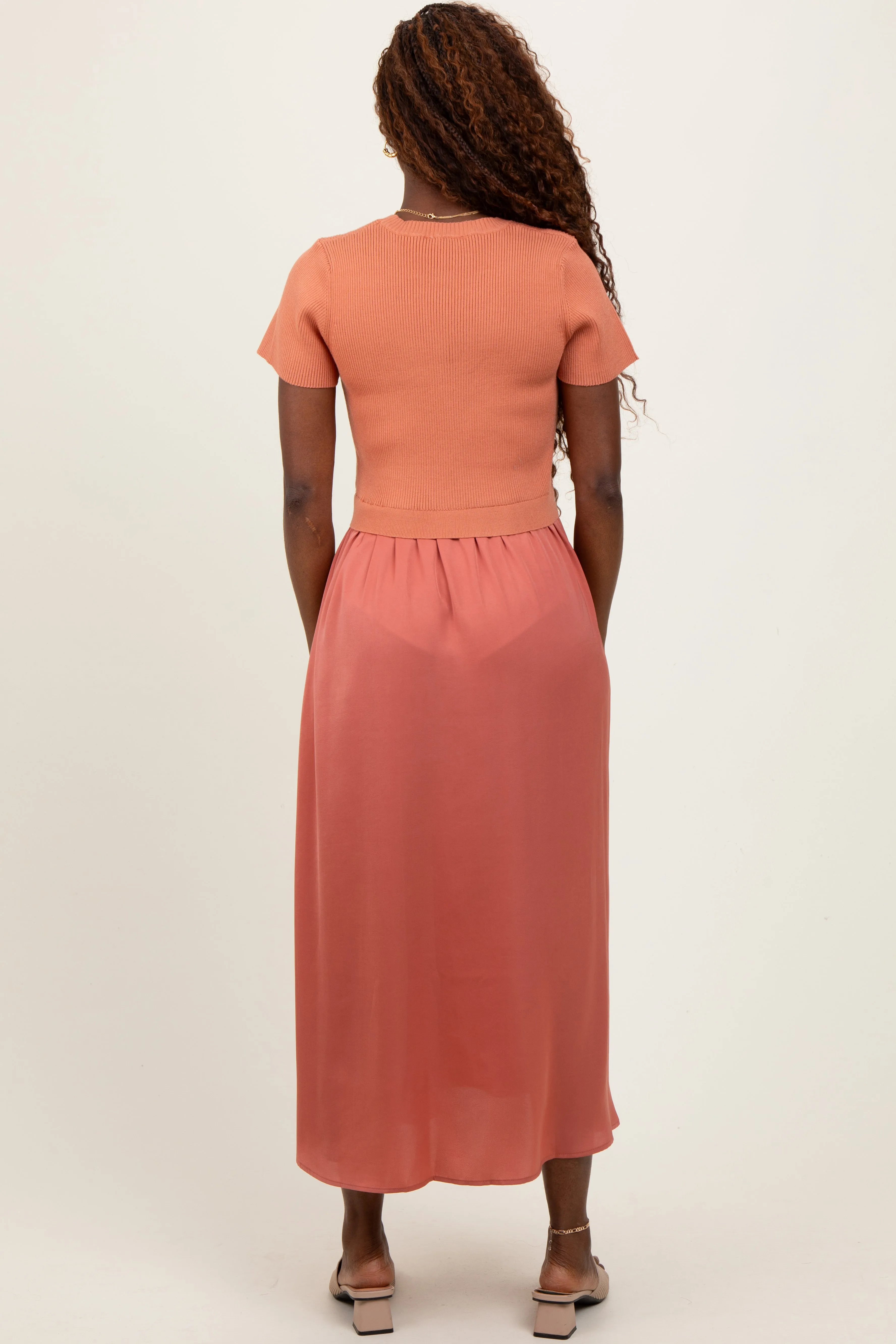 Rust Knit Contrast Top Satin Short Sleeve Midi Dress sold by Pinkblush product image thumbnail 3