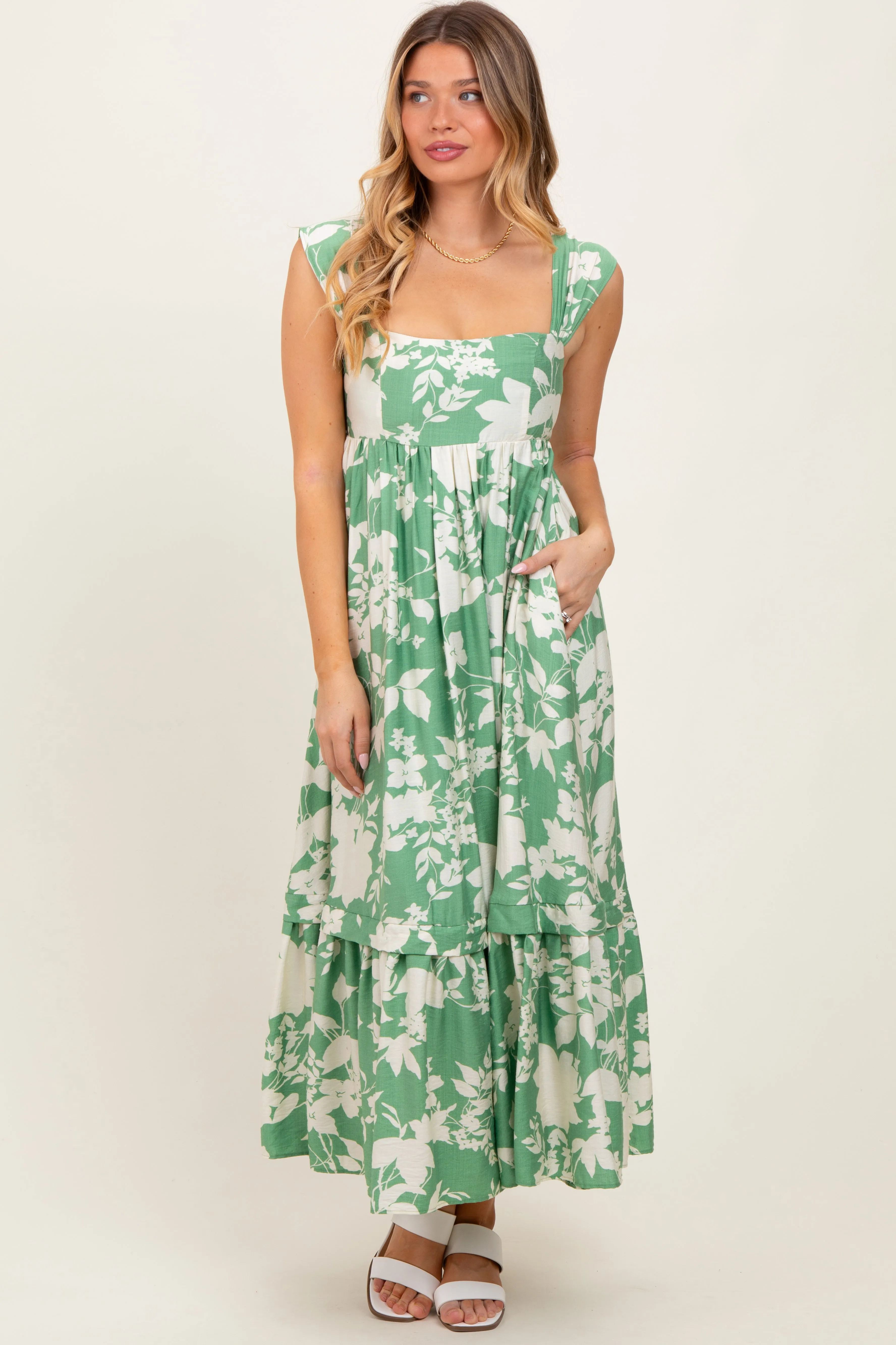 Mint Green Floral Square Neck Midi Dress sold by Pinkblush product image thumbnail 2