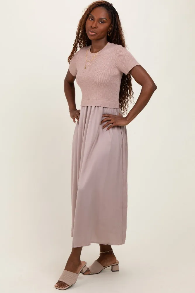 Taupe Knit Contrast Top Satin Short Sleeve Midi Dress sold by Pinkblush product image thumbnail 2