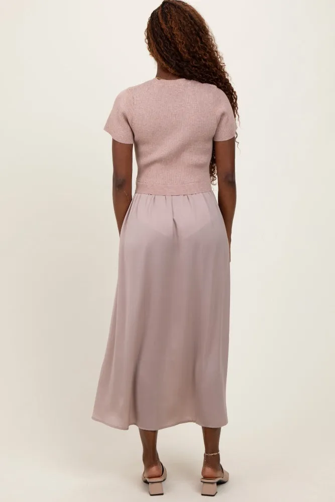 Taupe Knit Contrast Top Satin Short Sleeve Midi Dress sold by Pinkblush product image thumbnail 3