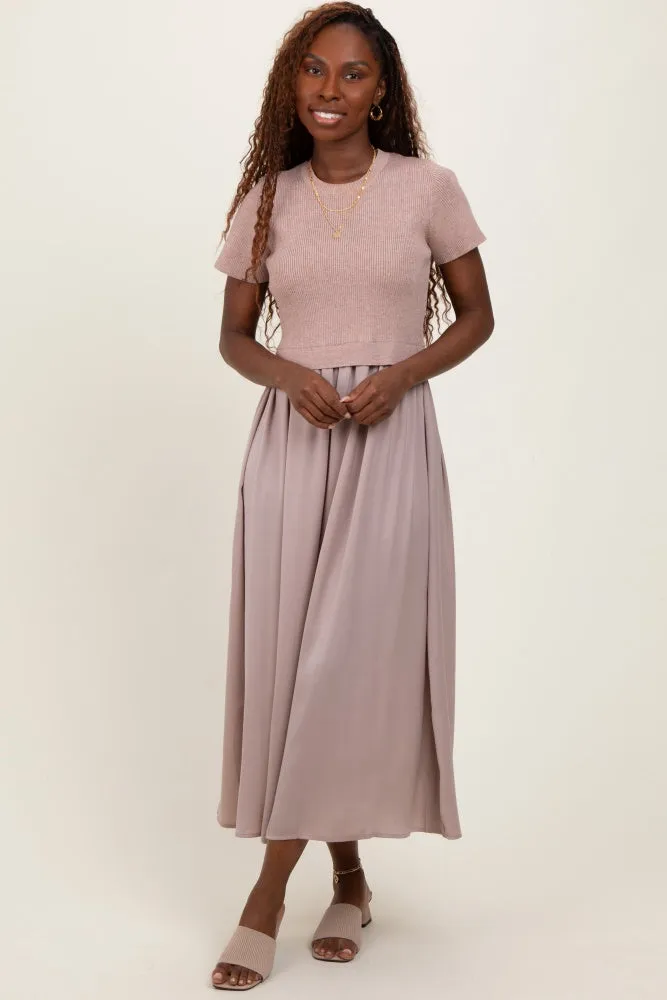 Taupe Knit Contrast Top Satin Short Sleeve Midi Dress sold by Pinkblush