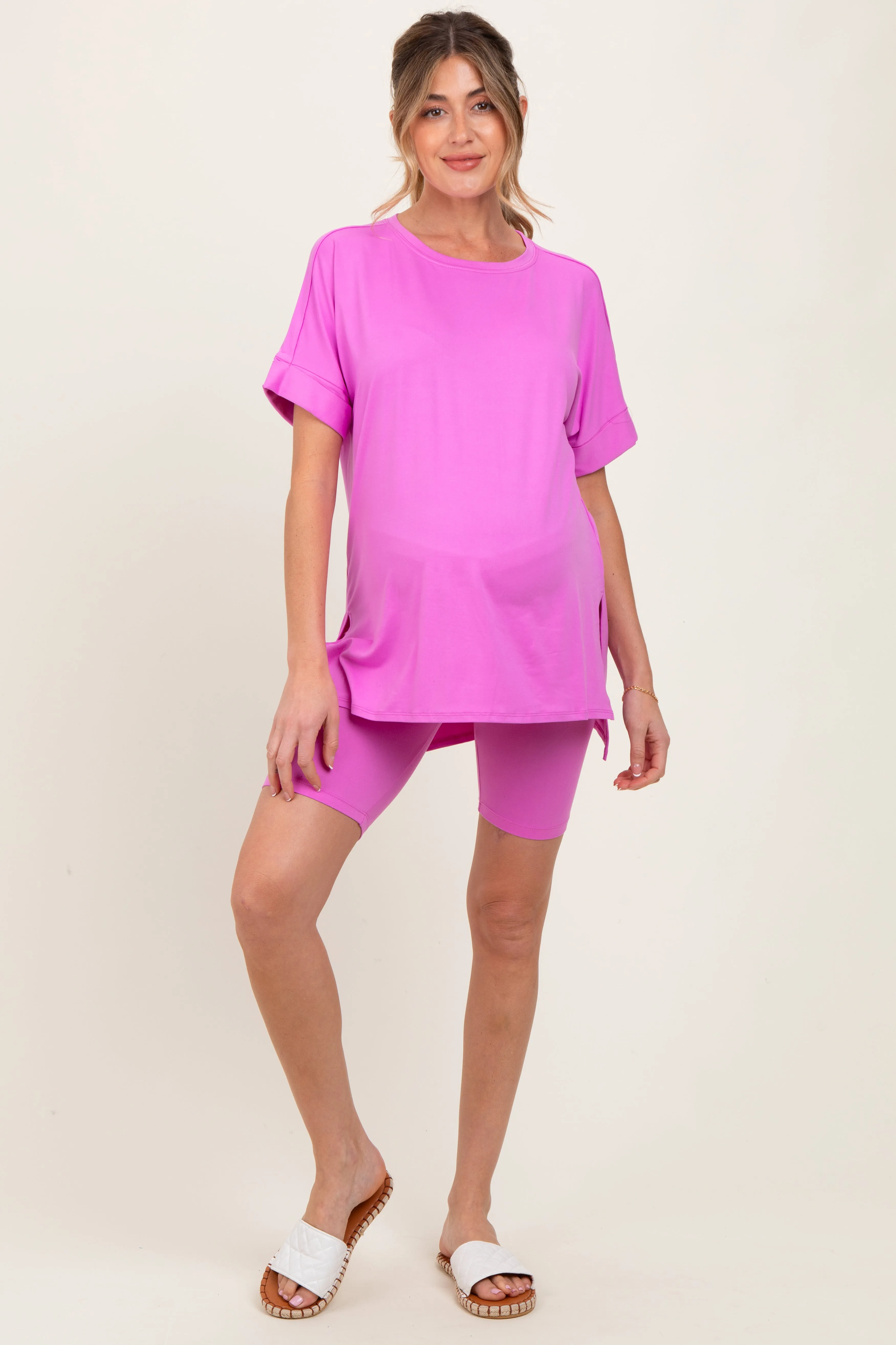 Mauve Hi-Low Short Sleeve Tee Biker Short Maternity Set sold by Pinkblush