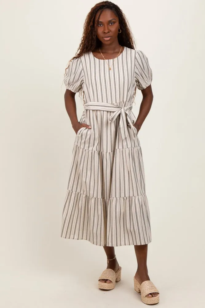 Olive Stripe Tiered Tied Waist Midi Dress sold by Pinkblush