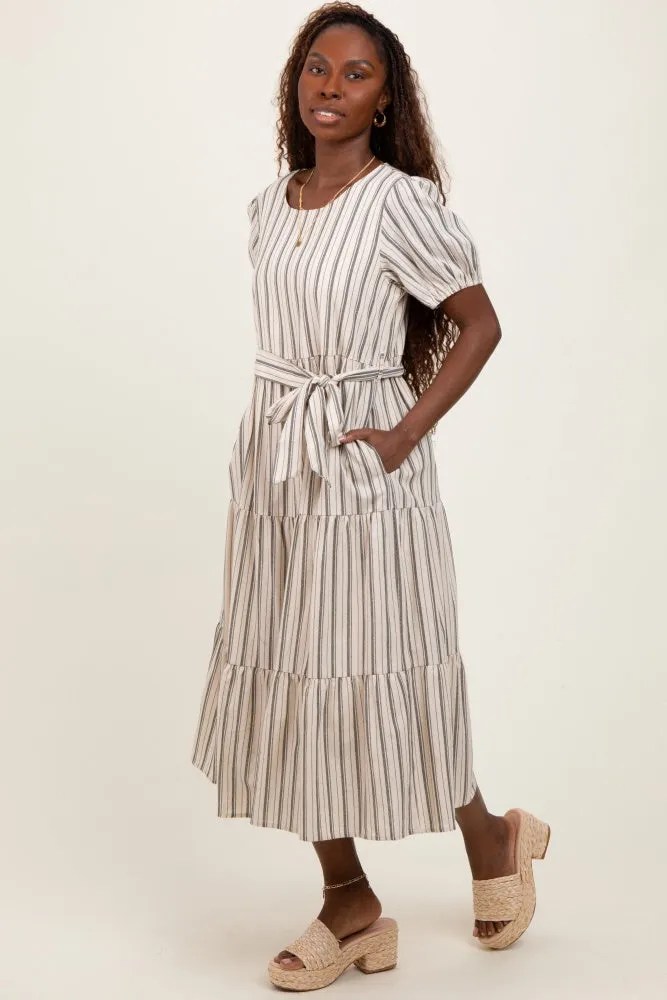 Olive Stripe Tiered Tied Waist Midi Dress sold by Pinkblush product image thumbnail 2