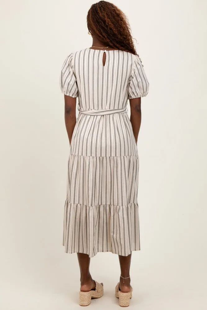 Olive Stripe Tiered Tied Waist Midi Dress sold by Pinkblush product image thumbnail 3