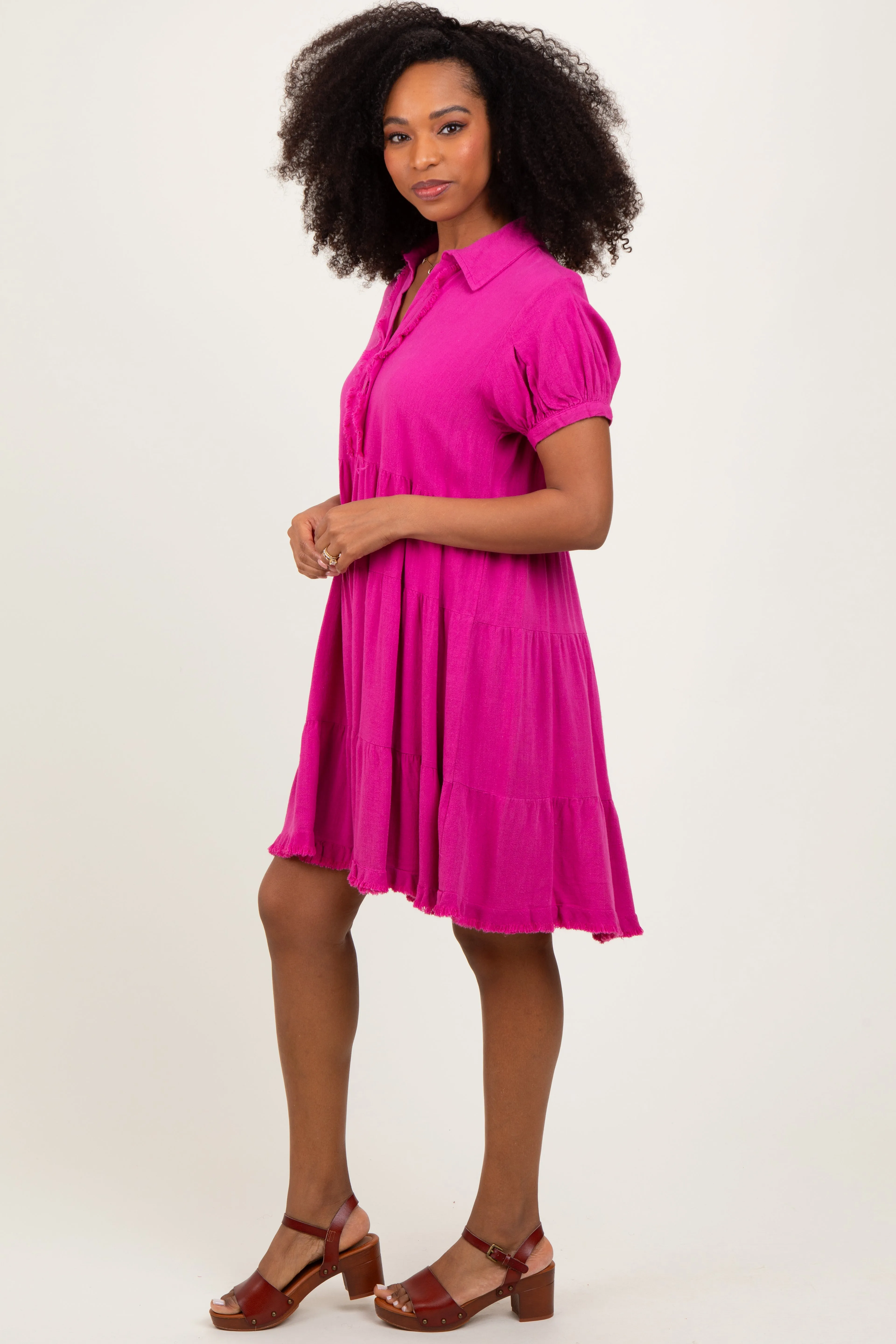 Fuchsia Tiered Collared Linen Dress sold by Pinkblush product image thumbnail 2