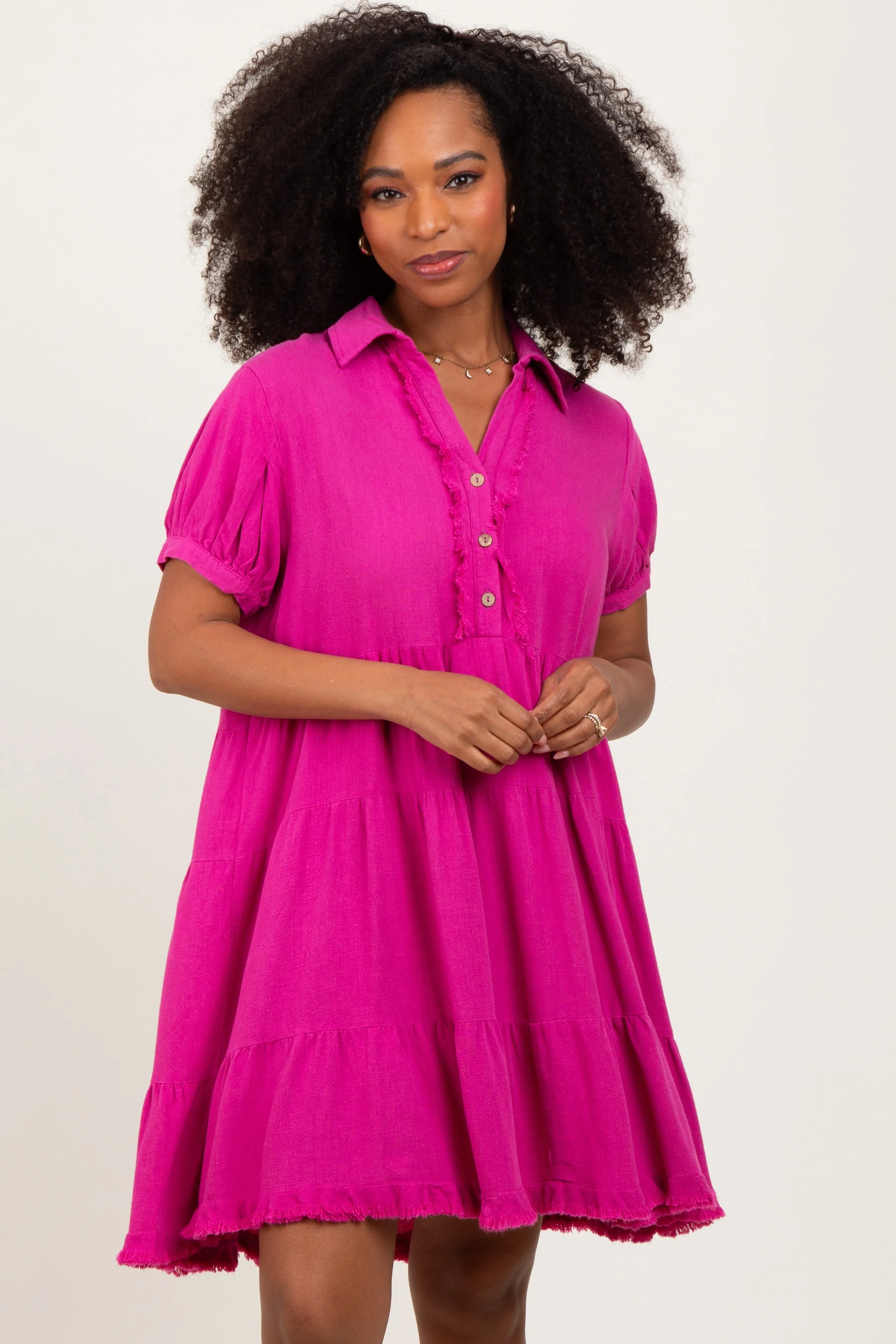 Fuchsia Tiered Collared Linen Dress sold by Pinkblush product image thumbnail 4
