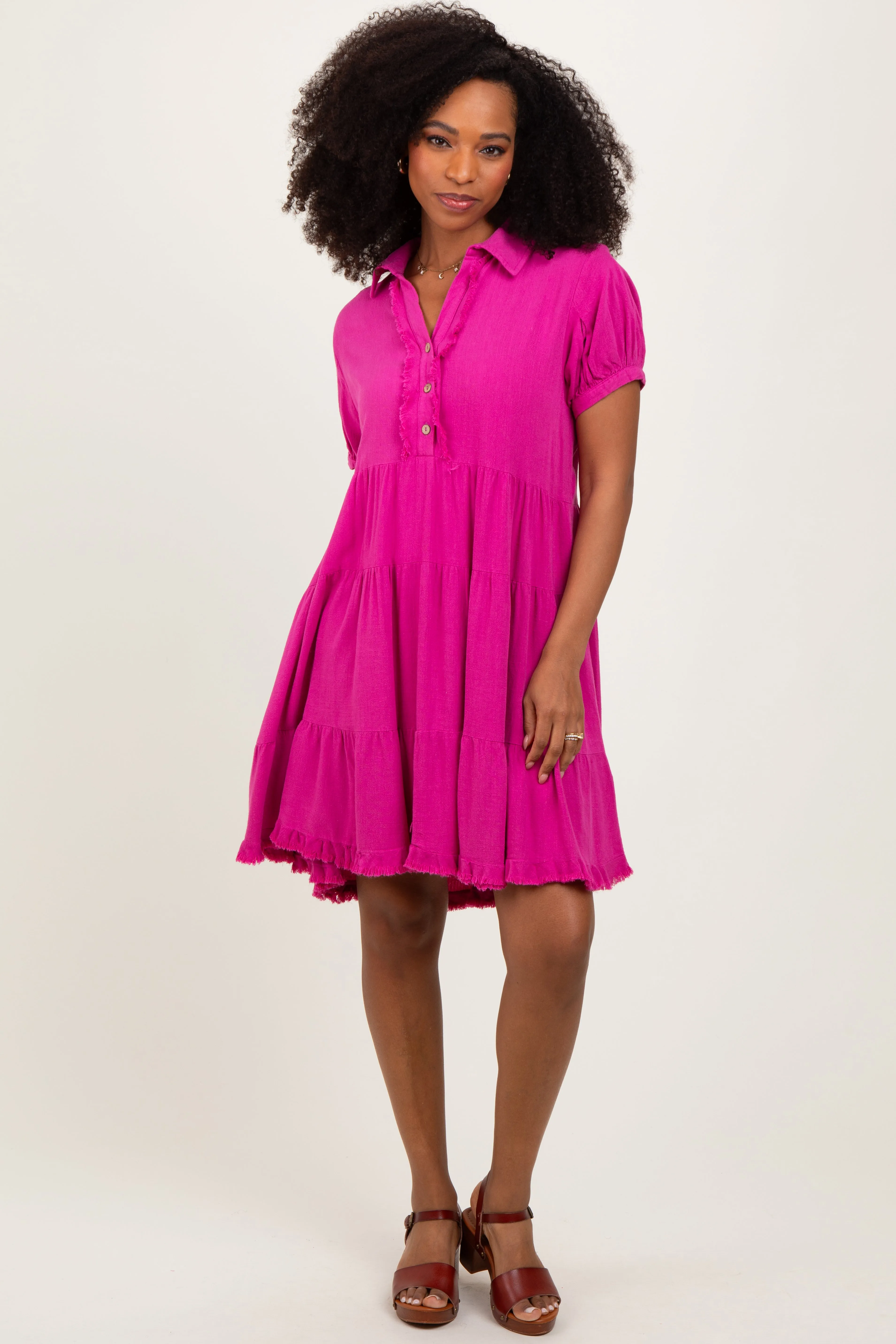 Fuchsia Tiered Collared Linen Dress sold by Pinkblush