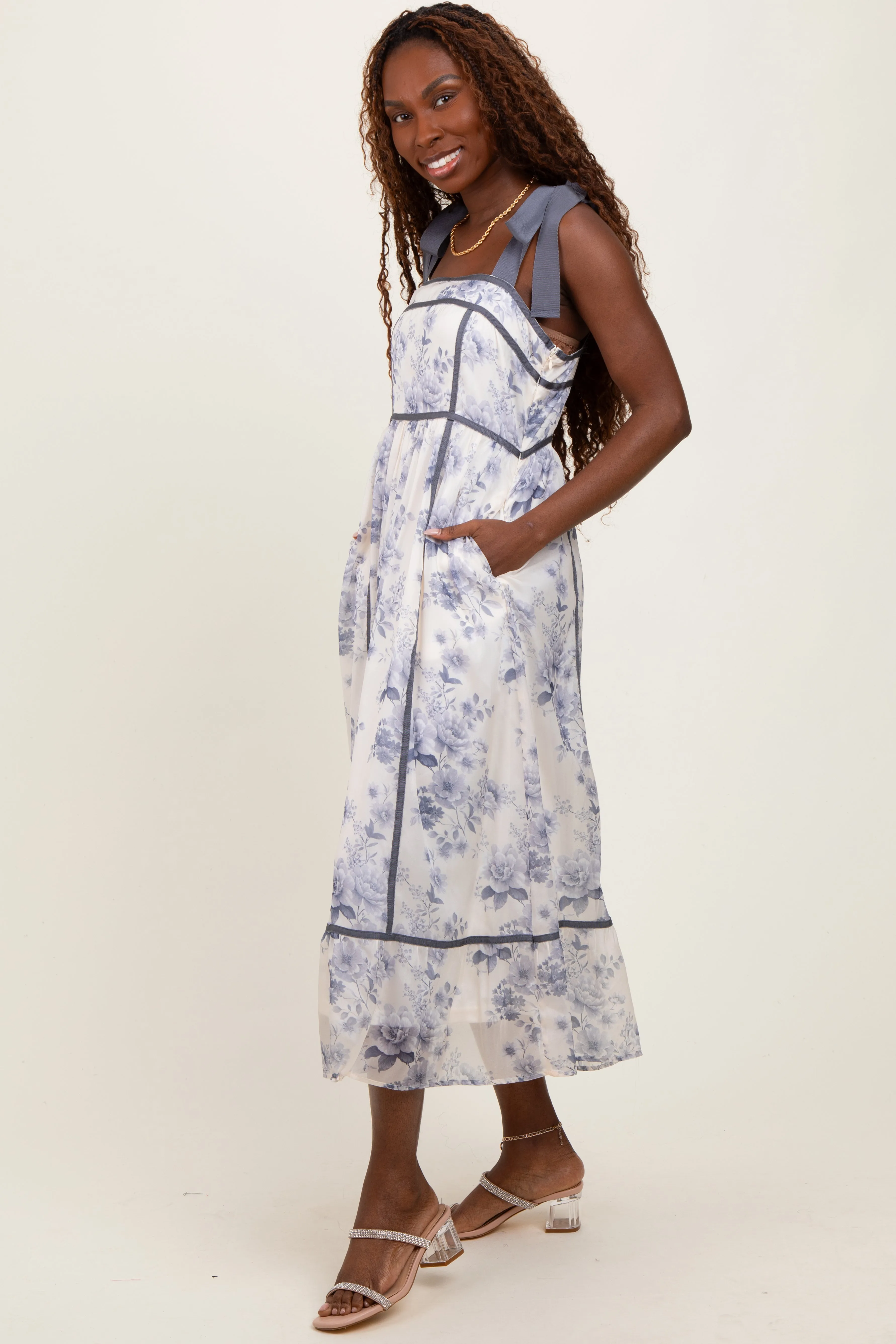 Grey Blue Floral Shoulder Tie Midi Dress sold by Pinkblush product image thumbnail 3